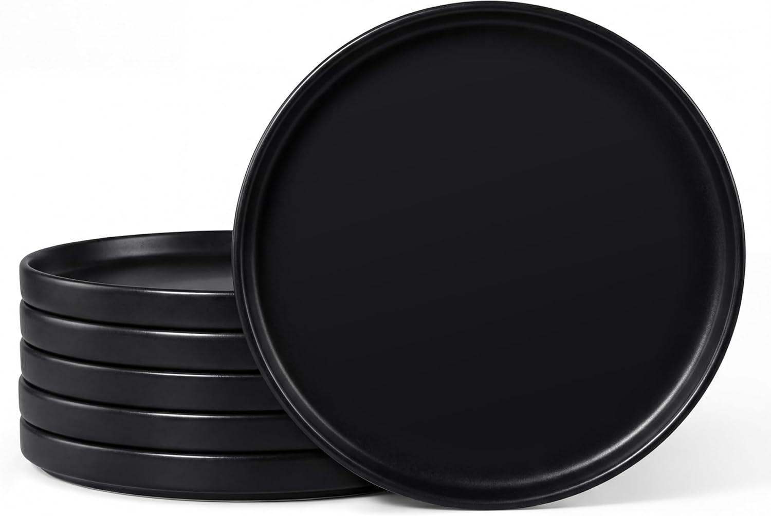 imageEfar 79 Inch Ceramic Dinner Plates 6Piece Stoneware Salad Plates with Raised Edges Chip amp Scratch Resistant Microwave amp Dishwasher Safe Dessert Dishes for Appetizer Salad Speckled KhakiMatte Black