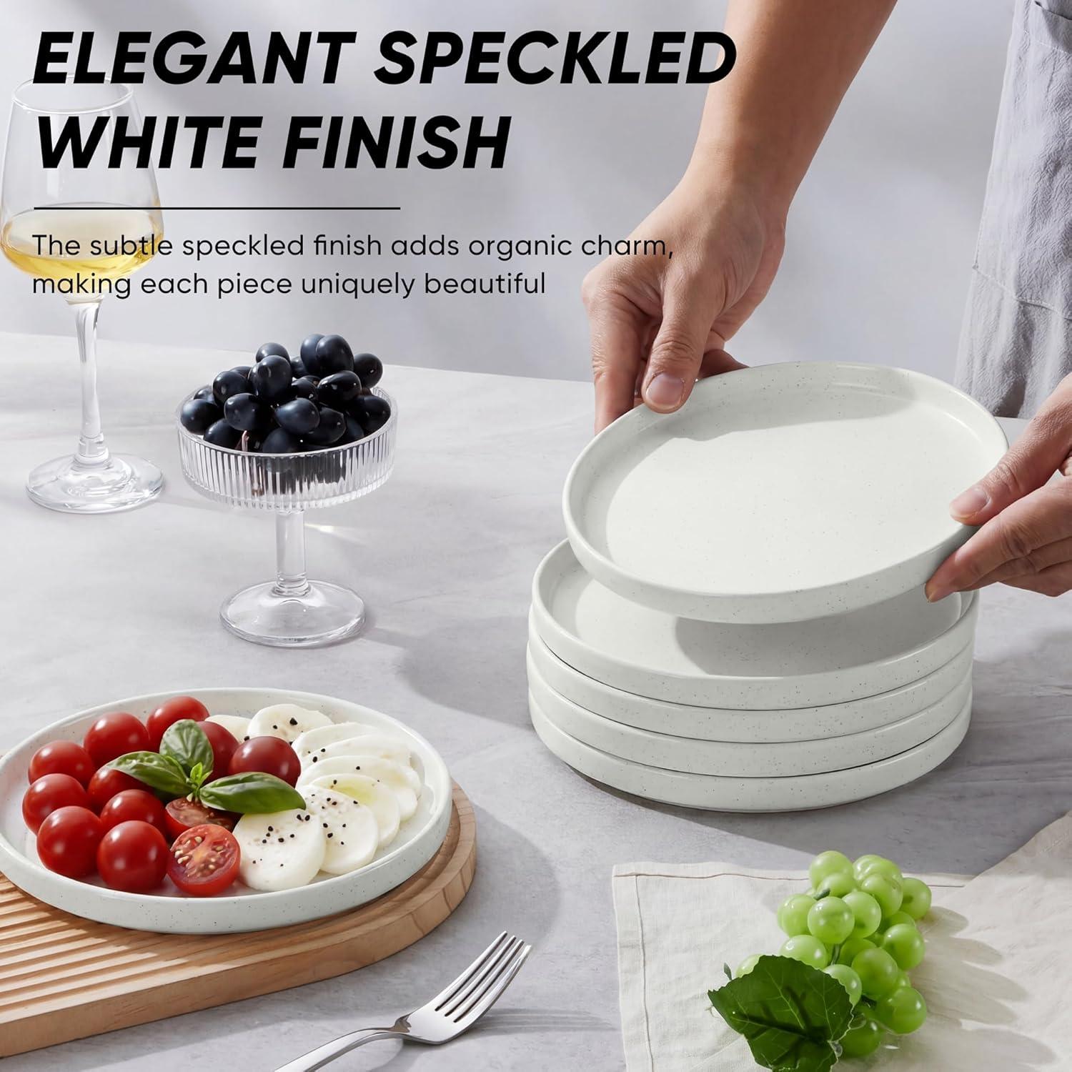 imageEfar 79 Inch Ceramic Dinner Plates 6Piece Stoneware Salad Plates with Raised Edges Chip amp Scratch Resistant Microwave amp Dishwasher Safe Dessert Dishes for Appetizer Salad Speckled KhakiSpeckled White