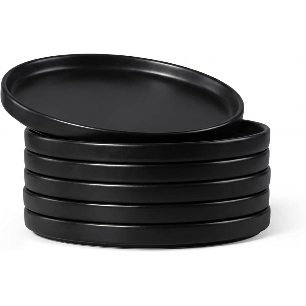 imageEfar White Dinner Plates Set of 6 105 Inch Stoneware Dinner Plates with Raised Edges Chip amp Scratch Resistant  Microwave amp Dishwasher Safe Modern Ceramic Dishes for Dessert Salad Speckled WhiteMatte Black