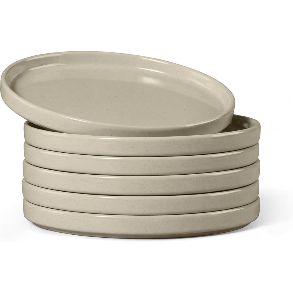 imageEfar White Dinner Plates Set of 6 105 Inch Stoneware Dinner Plates with Raised Edges Chip amp Scratch Resistant  Microwave amp Dishwasher Safe Modern Ceramic Dishes for Dessert Salad Speckled WhiteDeep Khaki