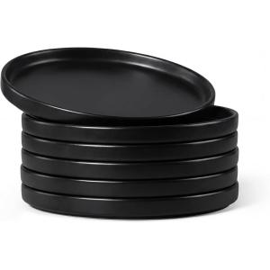 E-far White Dinner Plates Set of 6, 10.5 Inch Stoneware Dinner Plates with Raised Edges, Chip & Scratch Resistant | Microwave & Dishwasher Safe Modern Ceramic Dishes for Dessert Salad, Speckled White(Matte Black)