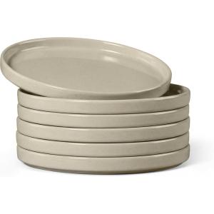 E-far White Dinner Plates Set of 6, 10.5 Inch Stoneware Dinner Plates with Raised Edges, Chip & Scratch Resistant | Microwave & Dishwasher Safe Modern Ceramic Dishes for Dessert Salad, Speckled White(Deep Khaki)