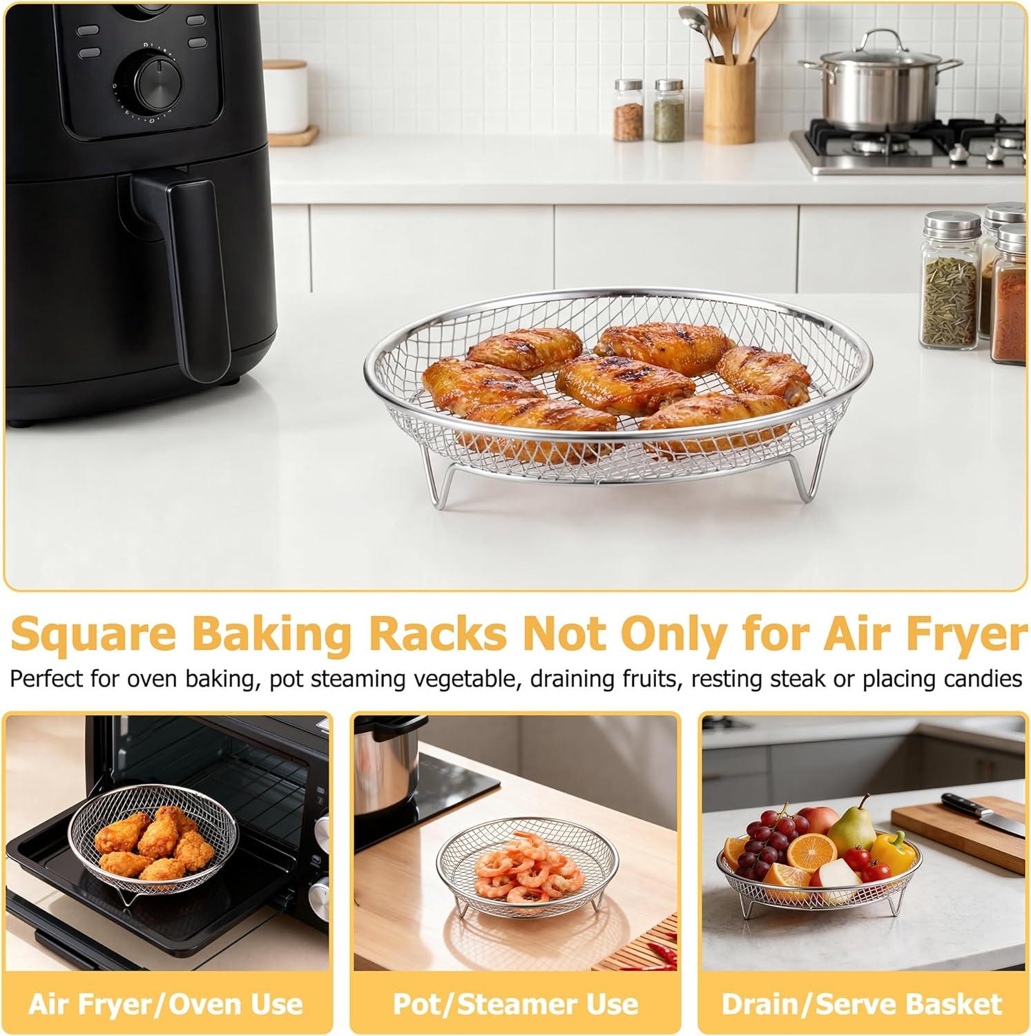 imageEfar Air Fryer Rack 79 Round Air Fryer Basket Accessories for Oven 3Tier Stackable Stainless Steel Dehydrator Rack Set for Frying Roasting With Silicon Feet amp Antiscald Clip Dishwasher Safe79 inch Round Rack