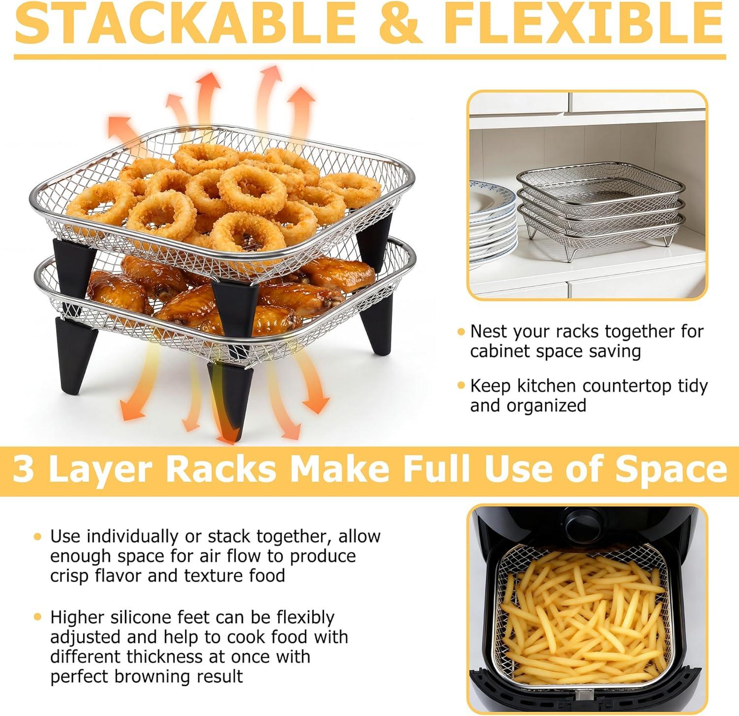 imageEfar Air Fryer Rack 79 Round Air Fryer Basket Accessories for Oven 3Tier Stackable Stainless Steel Dehydrator Rack Set for Frying Roasting With Silicon Feet amp Antiscald Clip Dishwasher Safe77 inch Square Rack