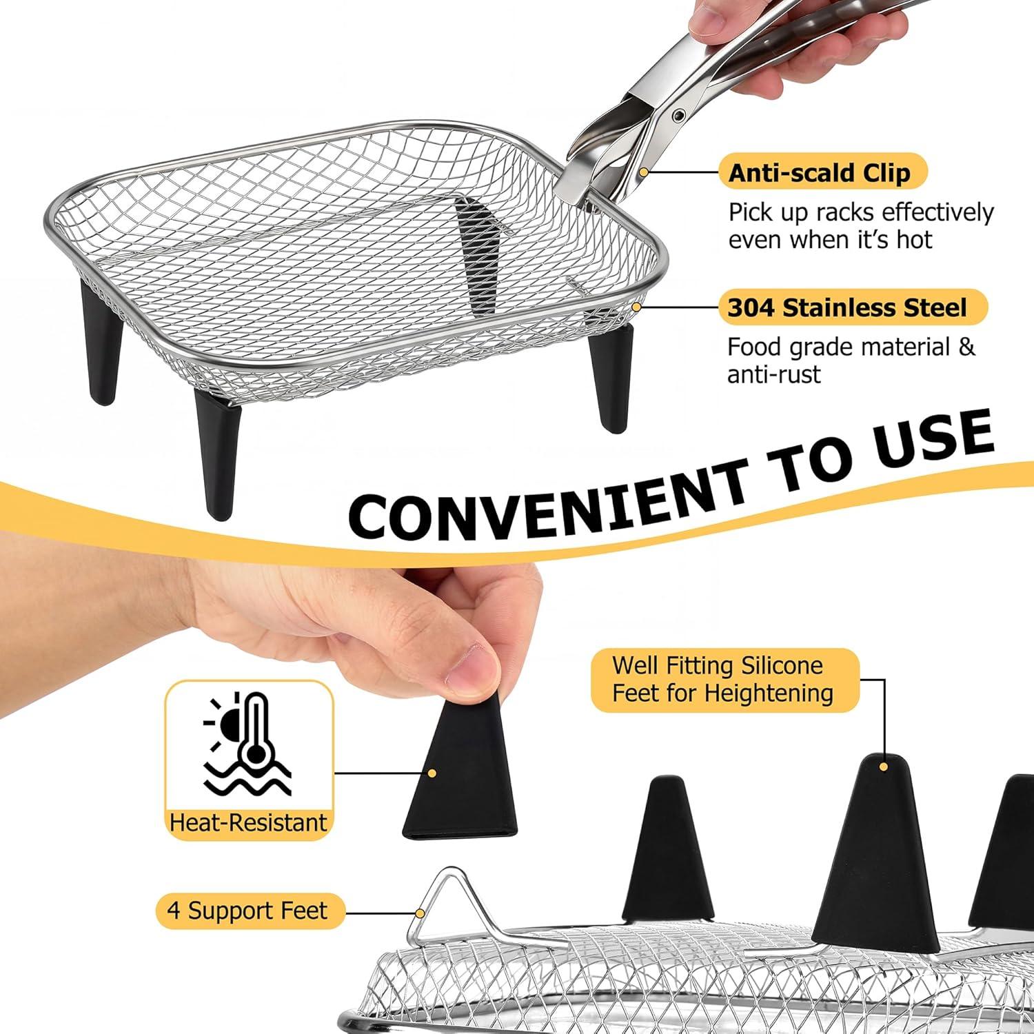 imageEfar Air Fryer Rack 79 Round Air Fryer Basket Accessories for Oven 3Tier Stackable Stainless Steel Dehydrator Rack Set for Frying Roasting With Silicon Feet amp Antiscald Clip Dishwasher Safe77 inch Square Rack