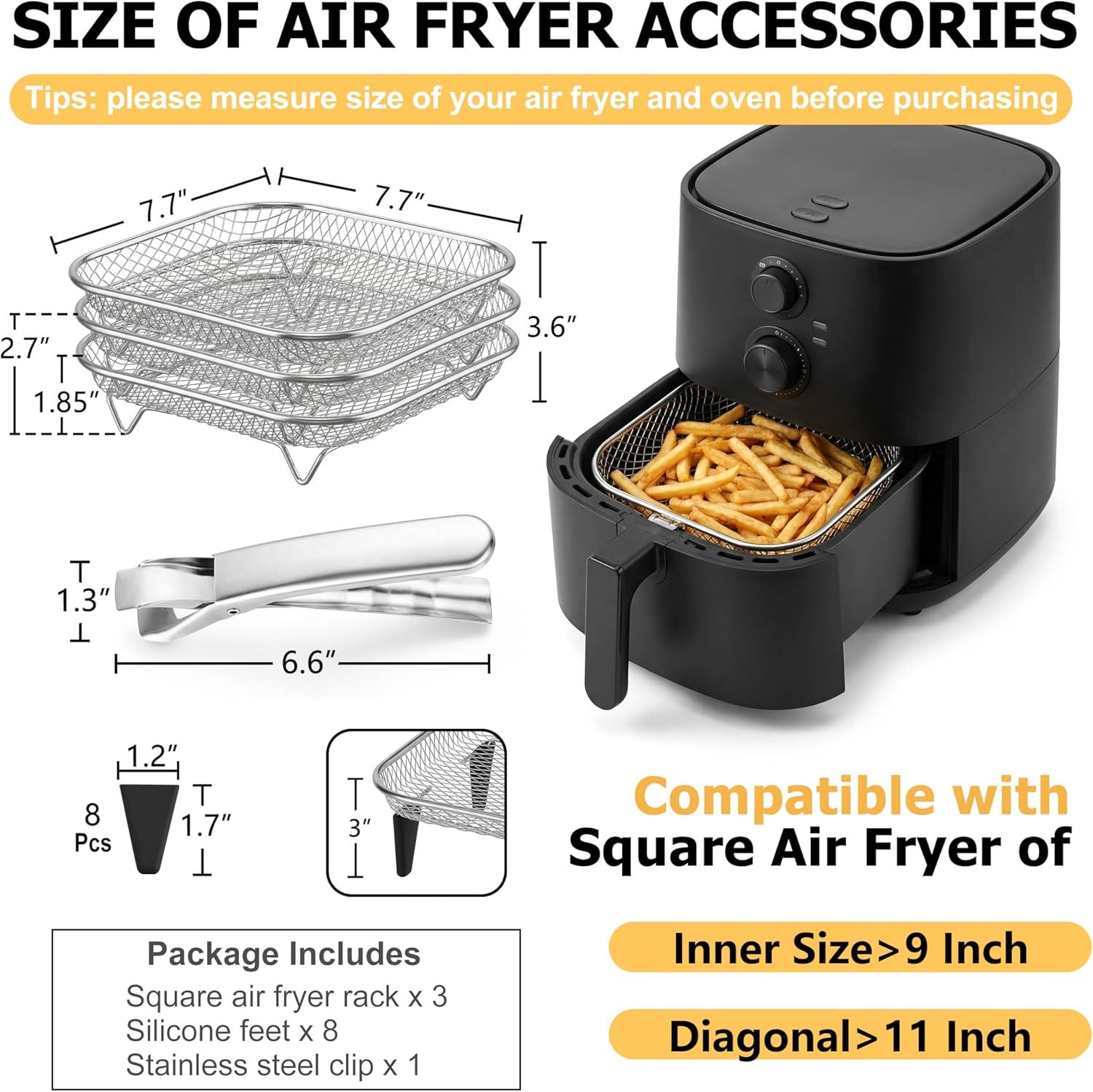 imageEfar Air Fryer Rack 79 Round Air Fryer Basket Accessories for Oven 3Tier Stackable Stainless Steel Dehydrator Rack Set for Frying Roasting With Silicon Feet amp Antiscald Clip Dishwasher Safe77 inch Square Rack