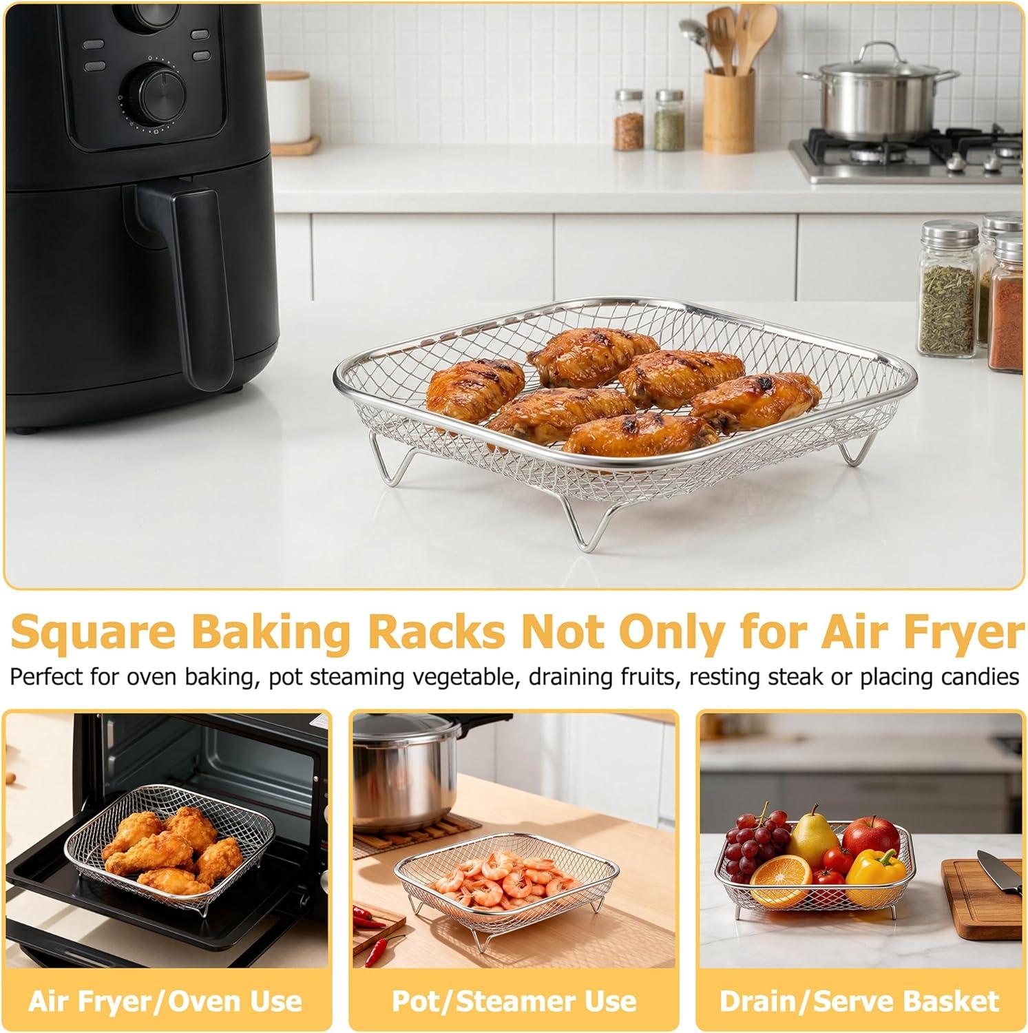 imageEfar Air Fryer Rack 79 Round Air Fryer Basket Accessories for Oven 3Tier Stackable Stainless Steel Dehydrator Rack Set for Frying Roasting With Silicon Feet amp Antiscald Clip Dishwasher Safe77 inch Square Rack