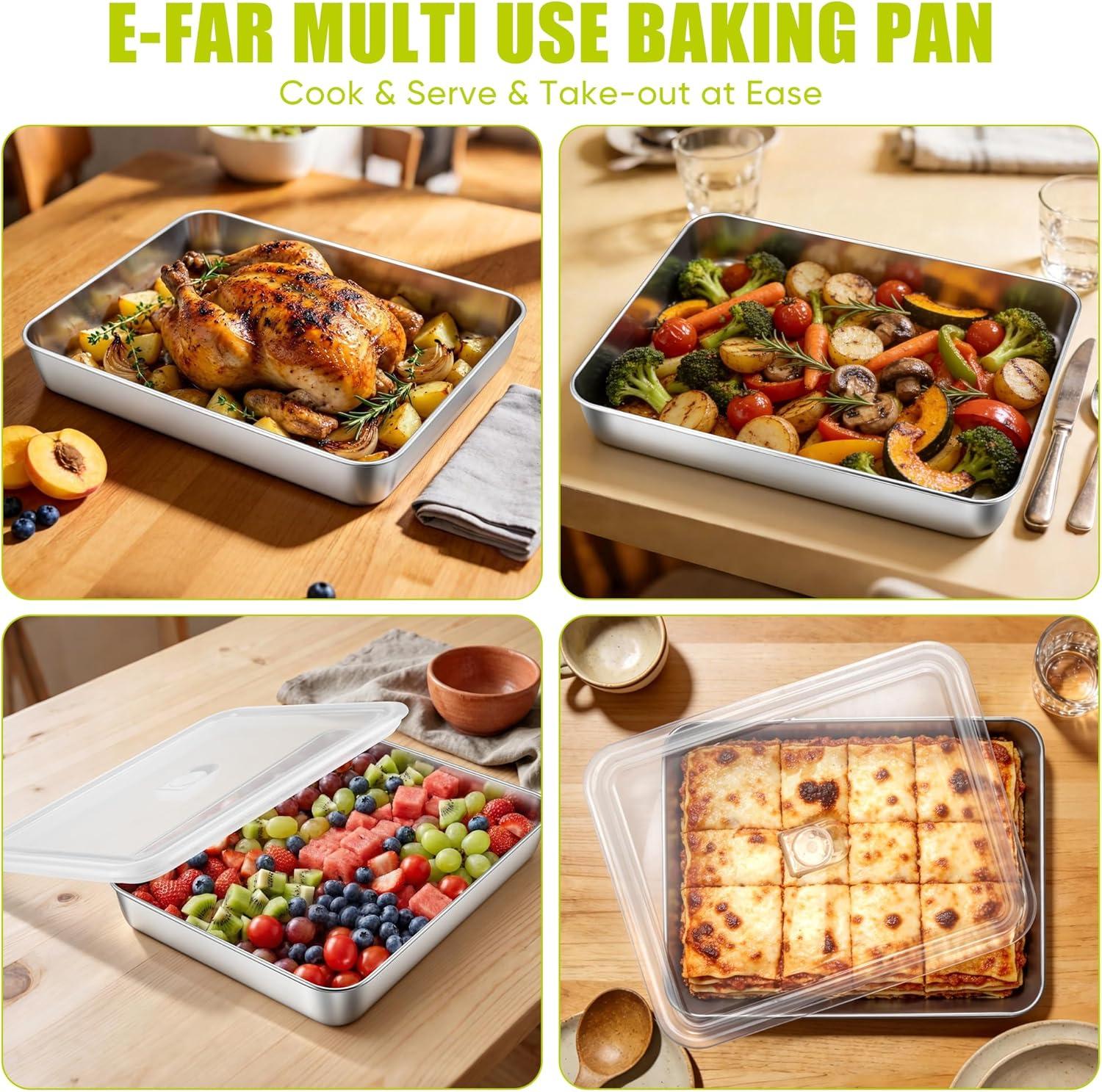 imageEfar Mini Lasagna Pan Stainless Steel Rectangular Baking Pan 9x7x2 Inch Sheet Cake Pan Metal Bakeware Toaster Oven Tray for Brownie Casserole Deep Side amp Heavy Duty AntiRust amp Dishwasher Safe122x95 with lid
