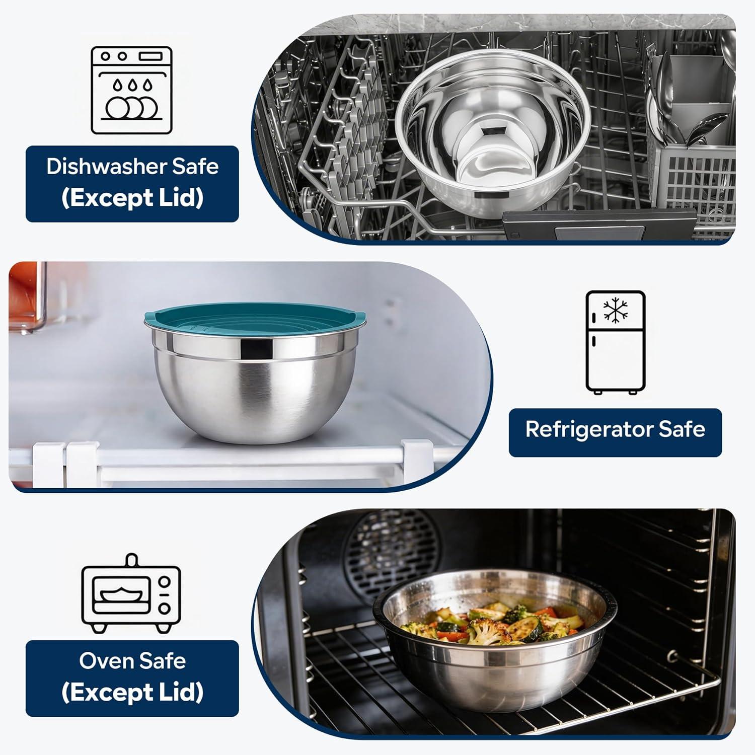 imageEfar Mixing Bowls With Lids Sets of 5 10Piece Stainless Steel Salad Metal Nesting Bowl for Baking Cooking and Prepping Airtight Lid amp Stackable Design Size 46 3 21 15 07 QT KhakiDark Blue
