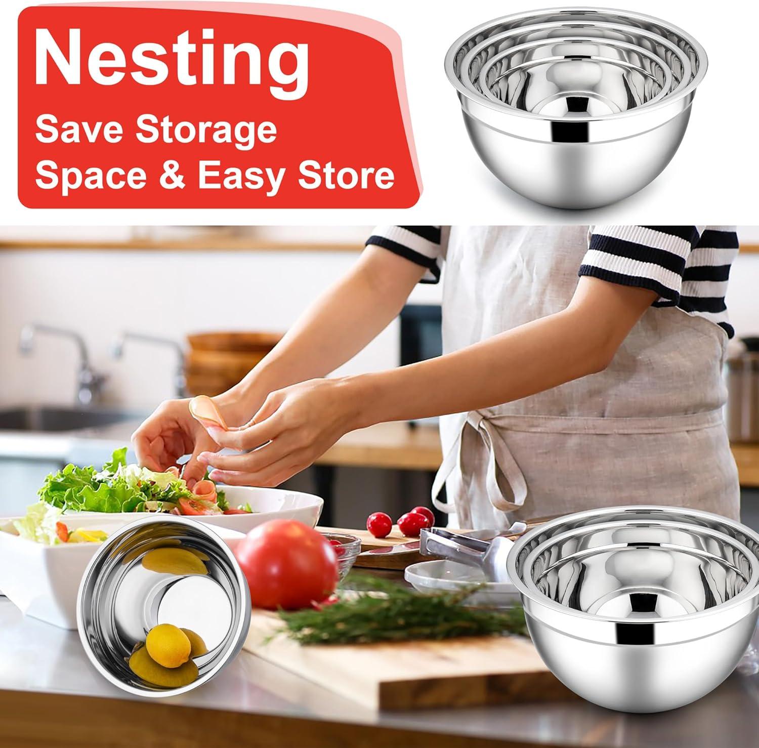 imageEfar Mixing Bowls With Lids Sets of 5 10Piece Stainless Steel Salad Metal Nesting Bowl for Baking Cooking and Prepping Airtight Lid amp Stackable Design Size 46 3 21 15 07 QT KhakiRed