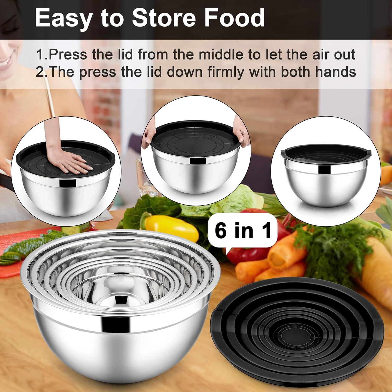 imageEfar Mixing Bowls With Lids Sets of 5 10Piece Stainless Steel Salad Metal Nesting Bowl for Baking Cooking and Prepping Airtight Lid amp Stackable Design Size 46 3 21 15 07 QT KhakiBlack