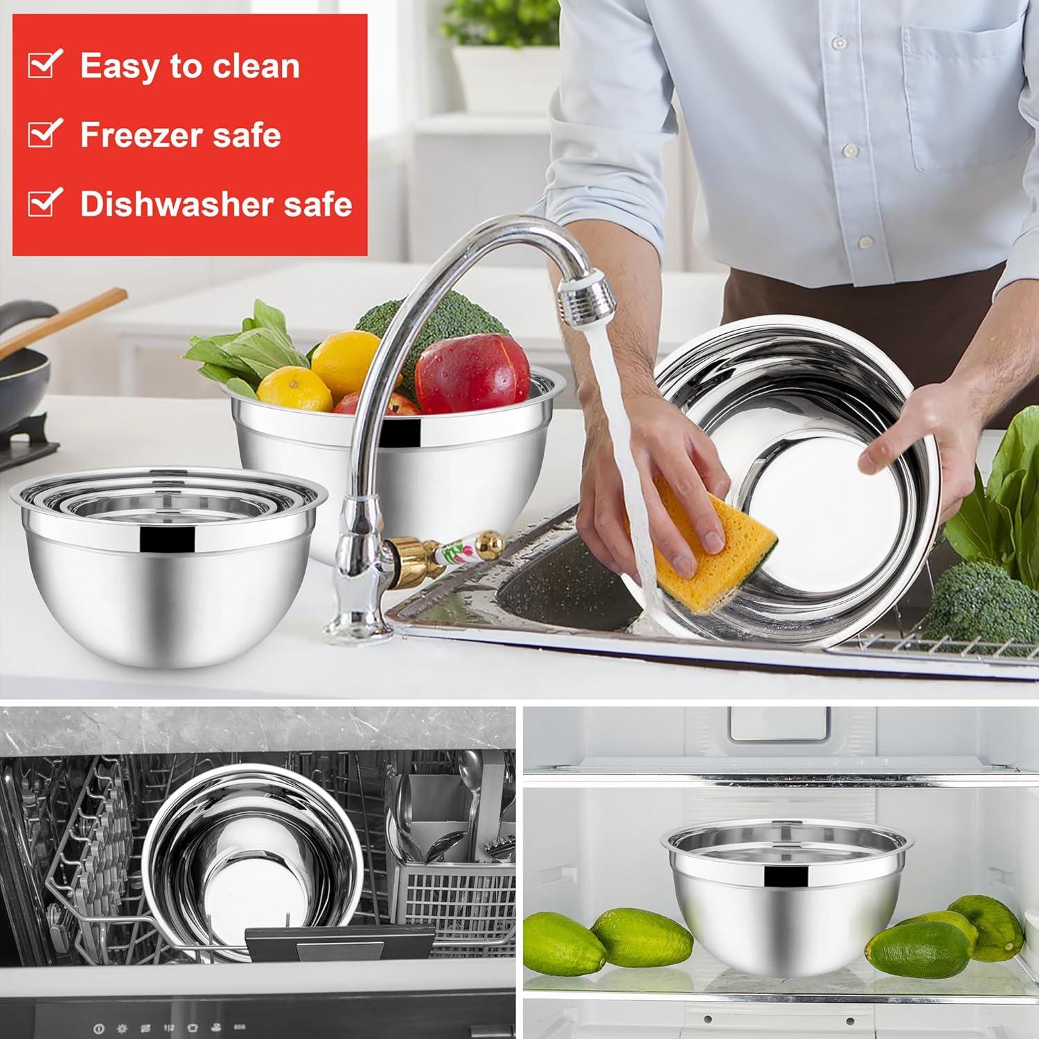 imageEfar Mixing Bowls With Lids Sets of 5 10Piece Stainless Steel Salad Metal Nesting Bowl for Baking Cooking and Prepping Airtight Lid amp Stackable Design Size 46 3 21 15 07 QT BlueRed