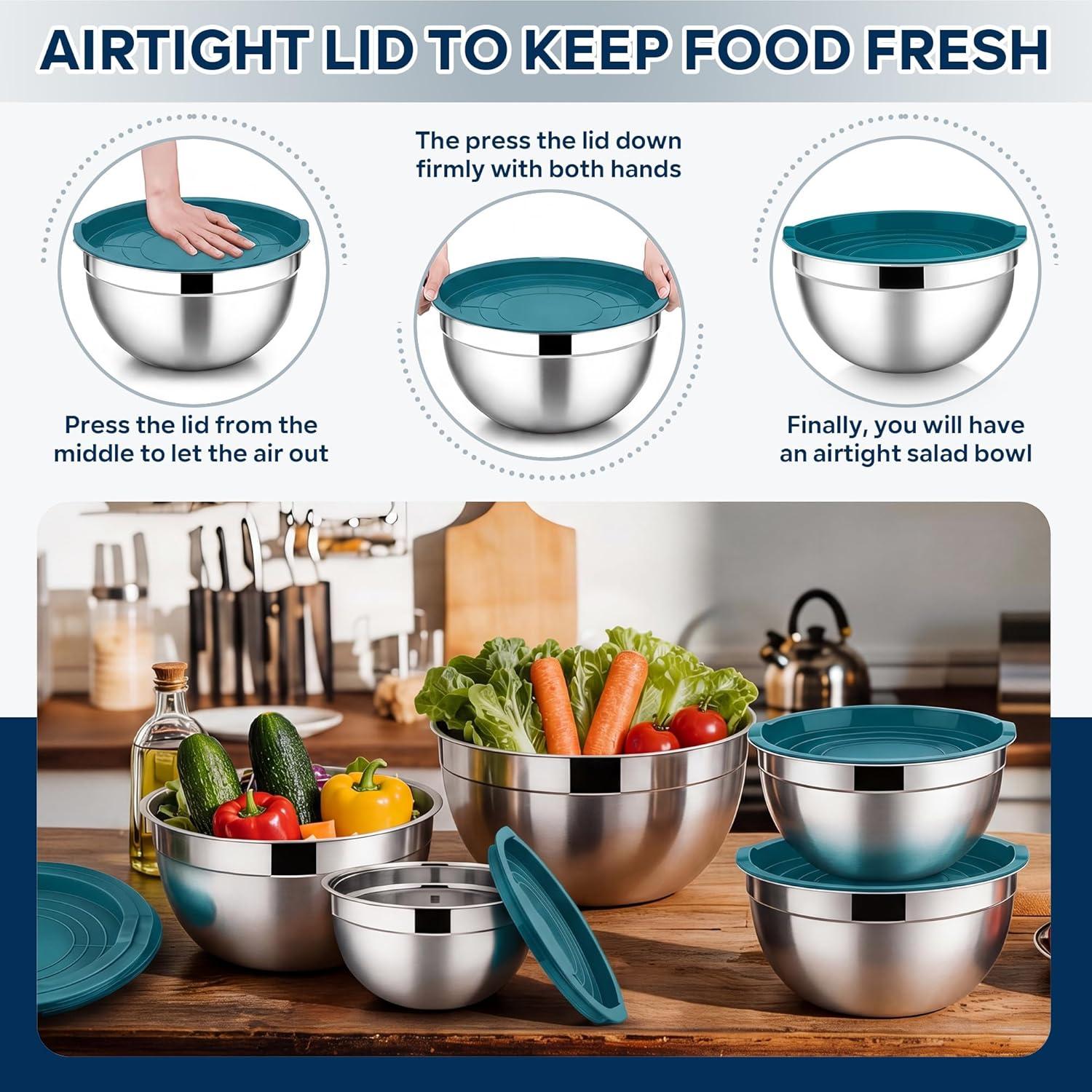 imageEfar Mixing Bowls With Lids Sets of 5 10Piece Stainless Steel Salad Metal Nesting Bowl for Baking Cooking and Prepping Airtight Lid amp Stackable Design Size 46 3 21 15 07 QT BlackDark Blue