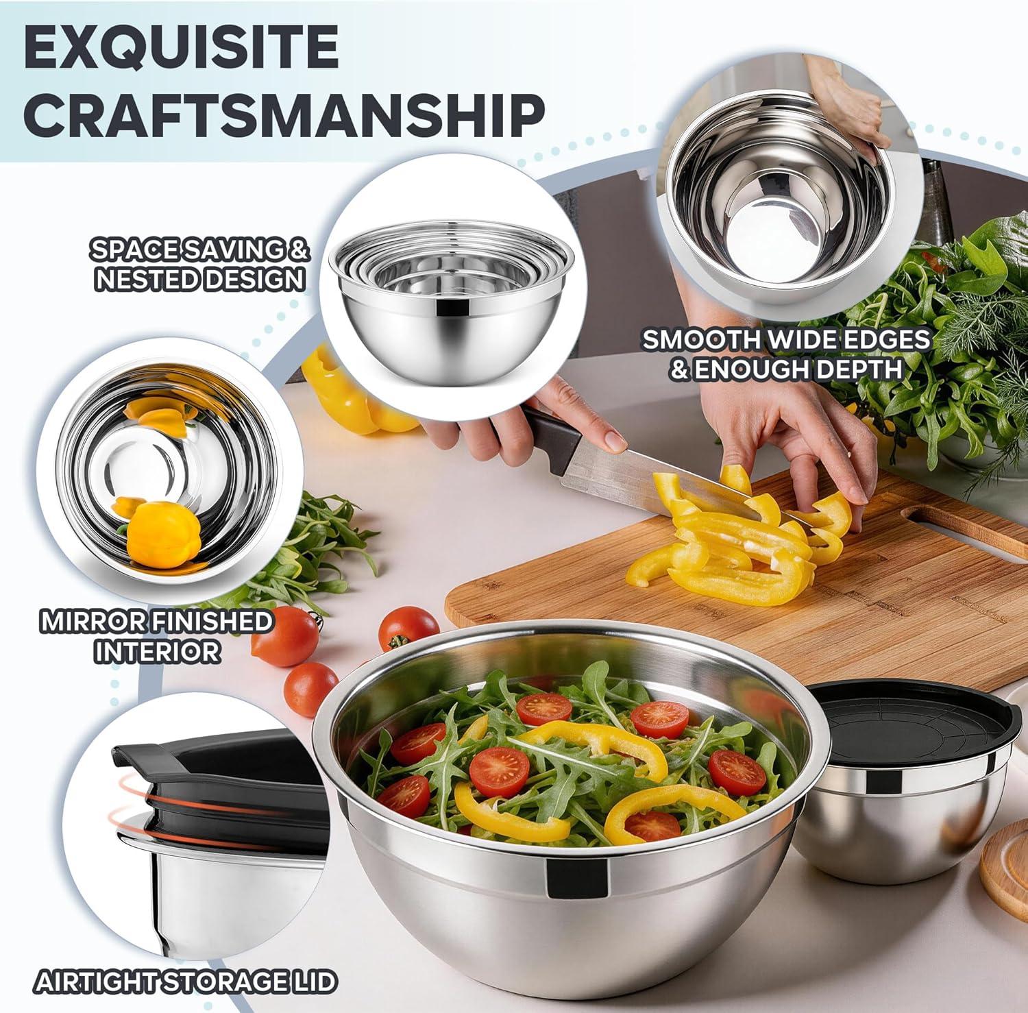 imageEfar Mixing Bowls With Lids Sets of 5 10Piece Stainless Steel Salad Metal Nesting Bowl for Baking Cooking and Prepping Airtight Lid amp Stackable Design Size 46 3 21 15 07 QT KhakiBlack