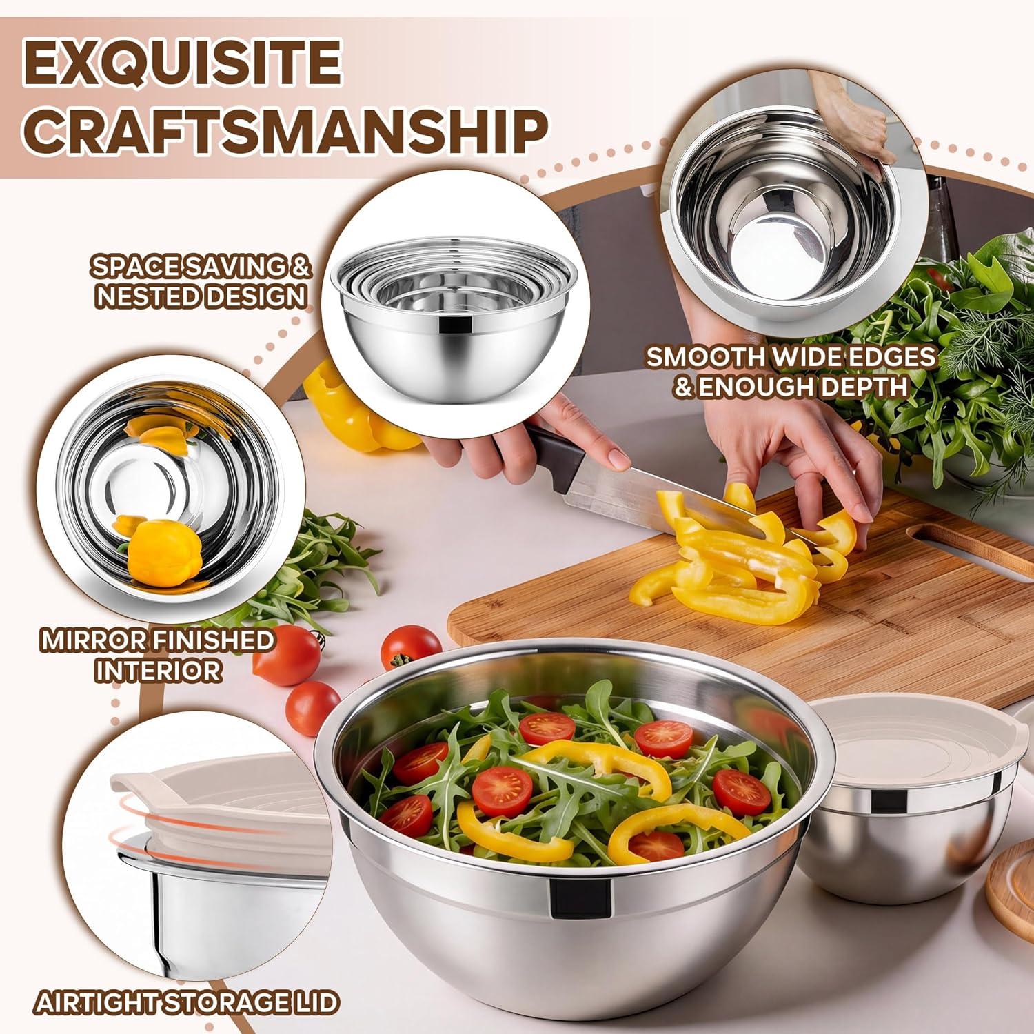 imageEfar Mixing Bowls With Lids Sets of 5 10Piece Stainless Steel Salad Metal Nesting Bowl for Baking Cooking and Prepping Airtight Lid amp Stackable Design Size 46 3 21 15 07 QT KhakiKhaki