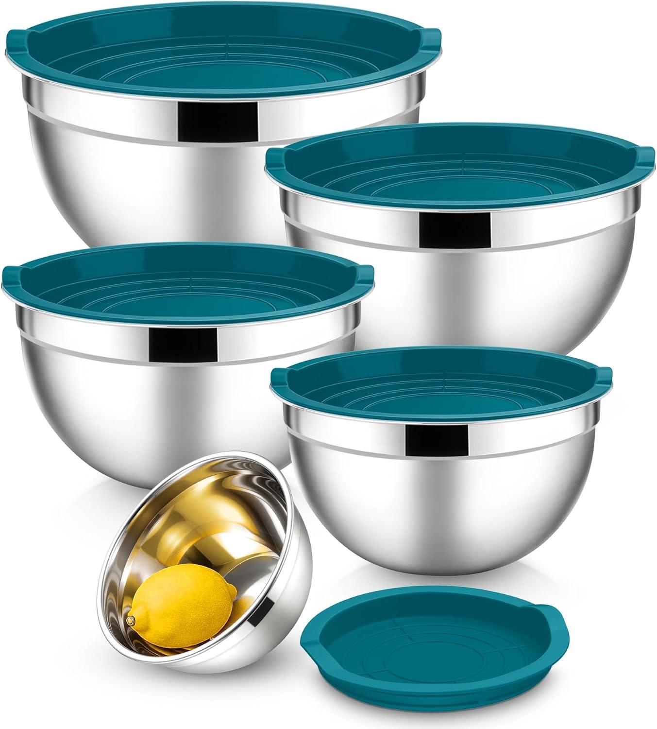 imageEfar Mixing Bowls With Lids Sets of 5 10Piece Stainless Steel Salad Metal Nesting Bowl for Baking Cooking and Prepping Airtight Lid amp Stackable Design Size 46 3 21 15 07 QT KhakiDark Blue