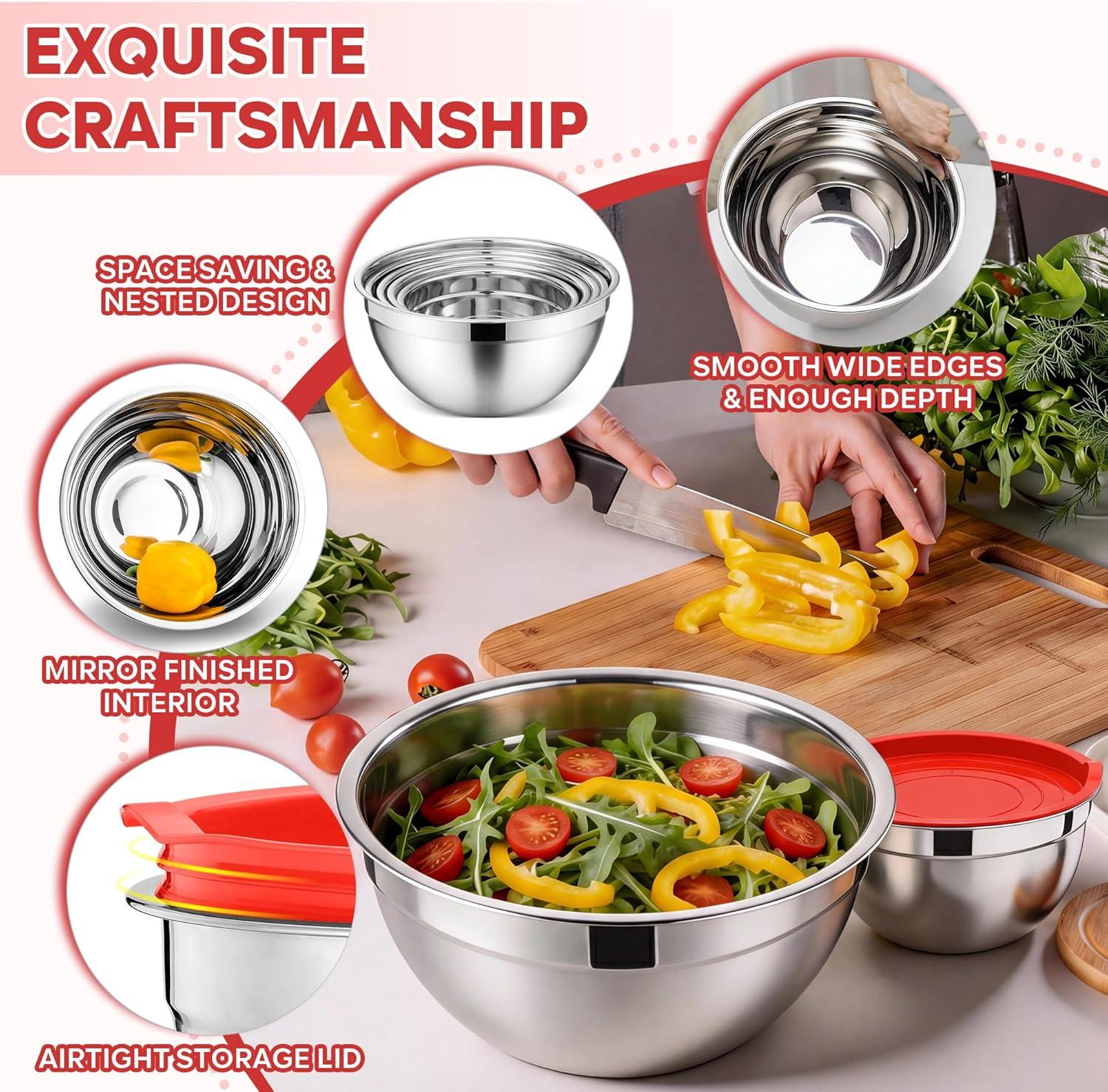 imageEfar Mixing Bowls With Lids Sets of 5 10Piece Stainless Steel Salad Metal Nesting Bowl for Baking Cooking and Prepping Airtight Lid amp Stackable Design Size 46 3 21 15 07 QT BlackRed
