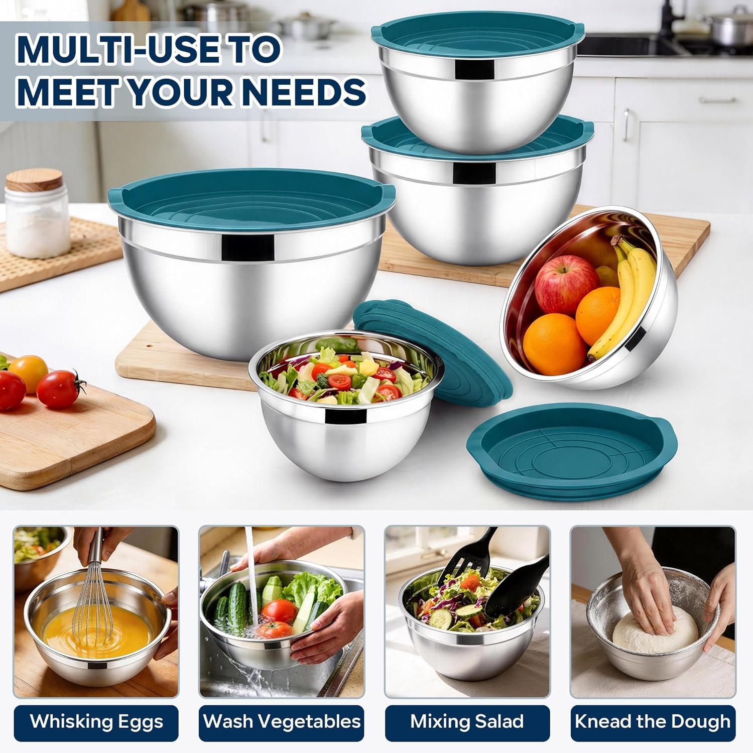 imageEfar Mixing Bowls With Lids Sets of 5 10Piece Stainless Steel Salad Metal Nesting Bowl for Baking Cooking and Prepping Airtight Lid amp Stackable Design Size 46 3 21 15 07 QT BlackDark Blue
