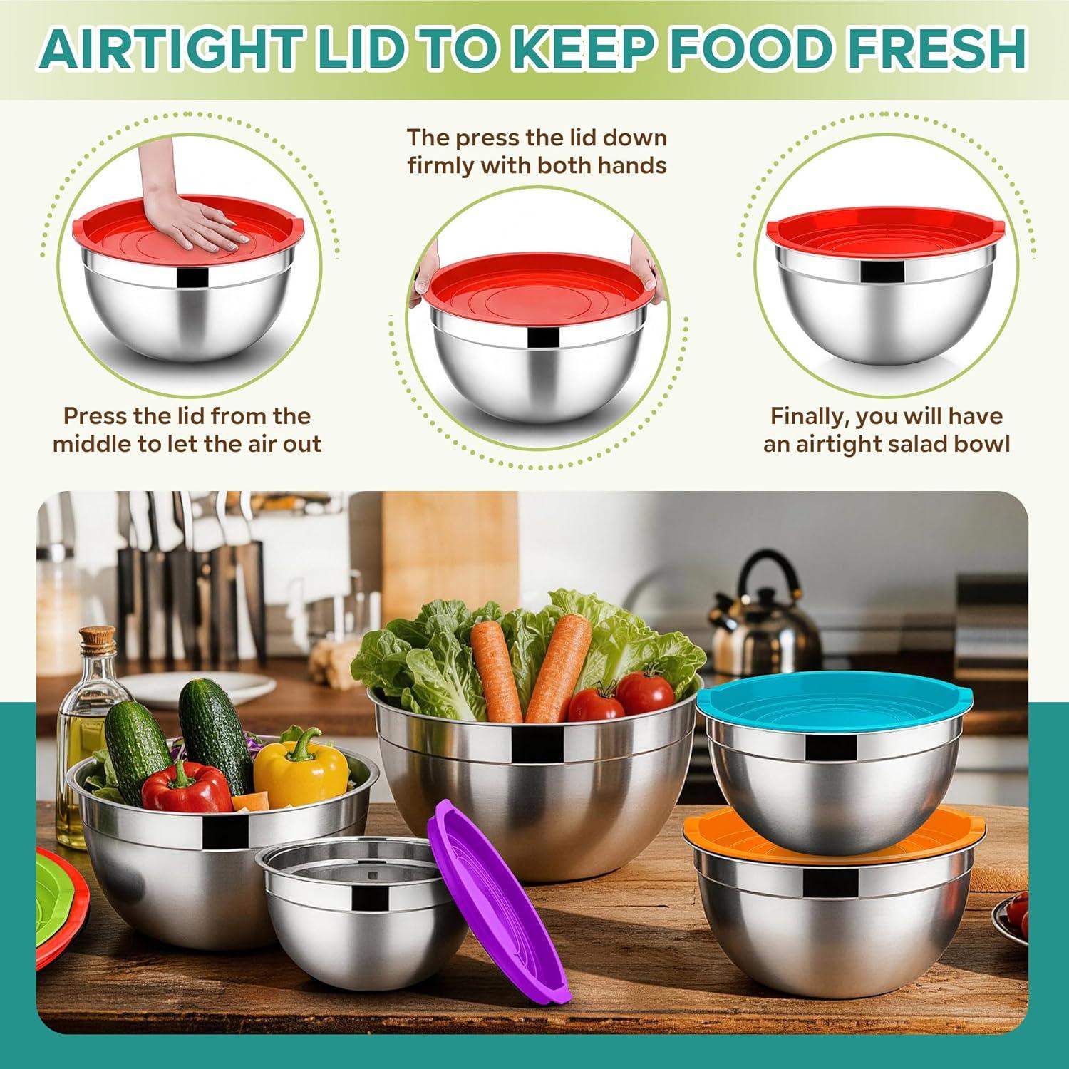imageEfar Mixing Bowls With Lids Sets of 5 10Piece Stainless Steel Salad Metal Nesting Bowl for Baking Cooking and Prepping Airtight Lid amp Stackable Design Size 46 3 21 15 07 QT BlueMulticolor
