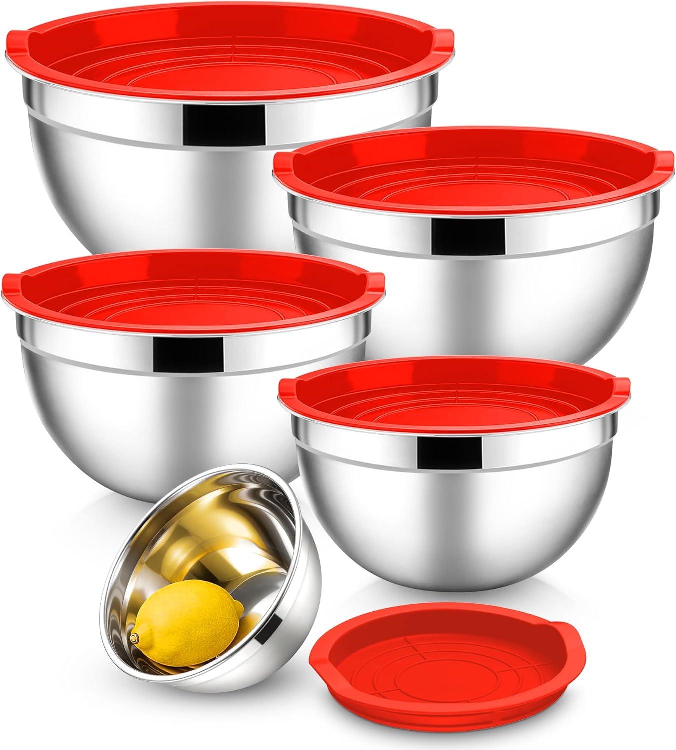 imageEfar Mixing Bowls With Lids Sets of 5 10Piece Stainless Steel Salad Metal Nesting Bowl for Baking Cooking and Prepping Airtight Lid amp Stackable Design Size 46 3 21 15 07 QT KhakiRed