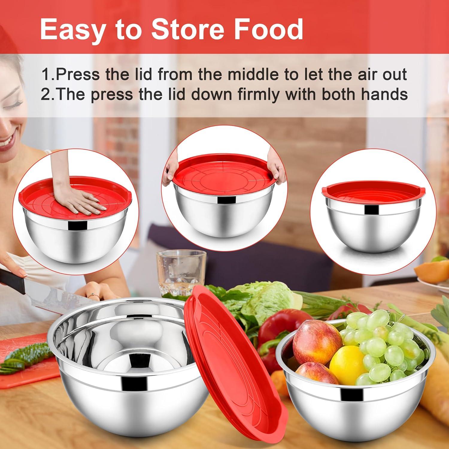 imageEfar Mixing Bowls With Lids Sets of 5 10Piece Stainless Steel Salad Metal Nesting Bowl for Baking Cooking and Prepping Airtight Lid amp Stackable Design Size 46 3 21 15 07 QT BlackRed
