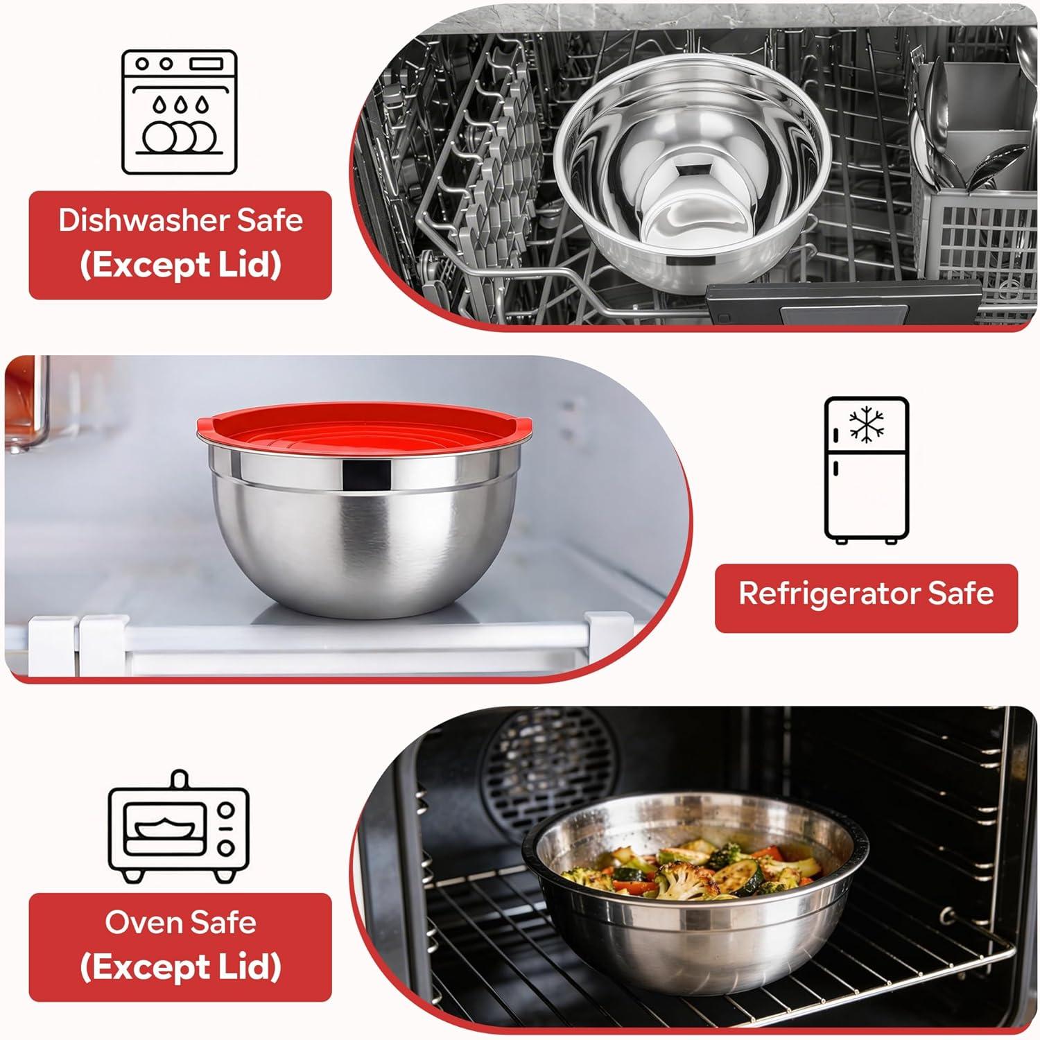 imageEfar Mixing Bowls With Lids Sets of 5 10Piece Stainless Steel Salad Metal Nesting Bowl for Baking Cooking and Prepping Airtight Lid amp Stackable Design Size 46 3 21 15 07 QT KhakiRed