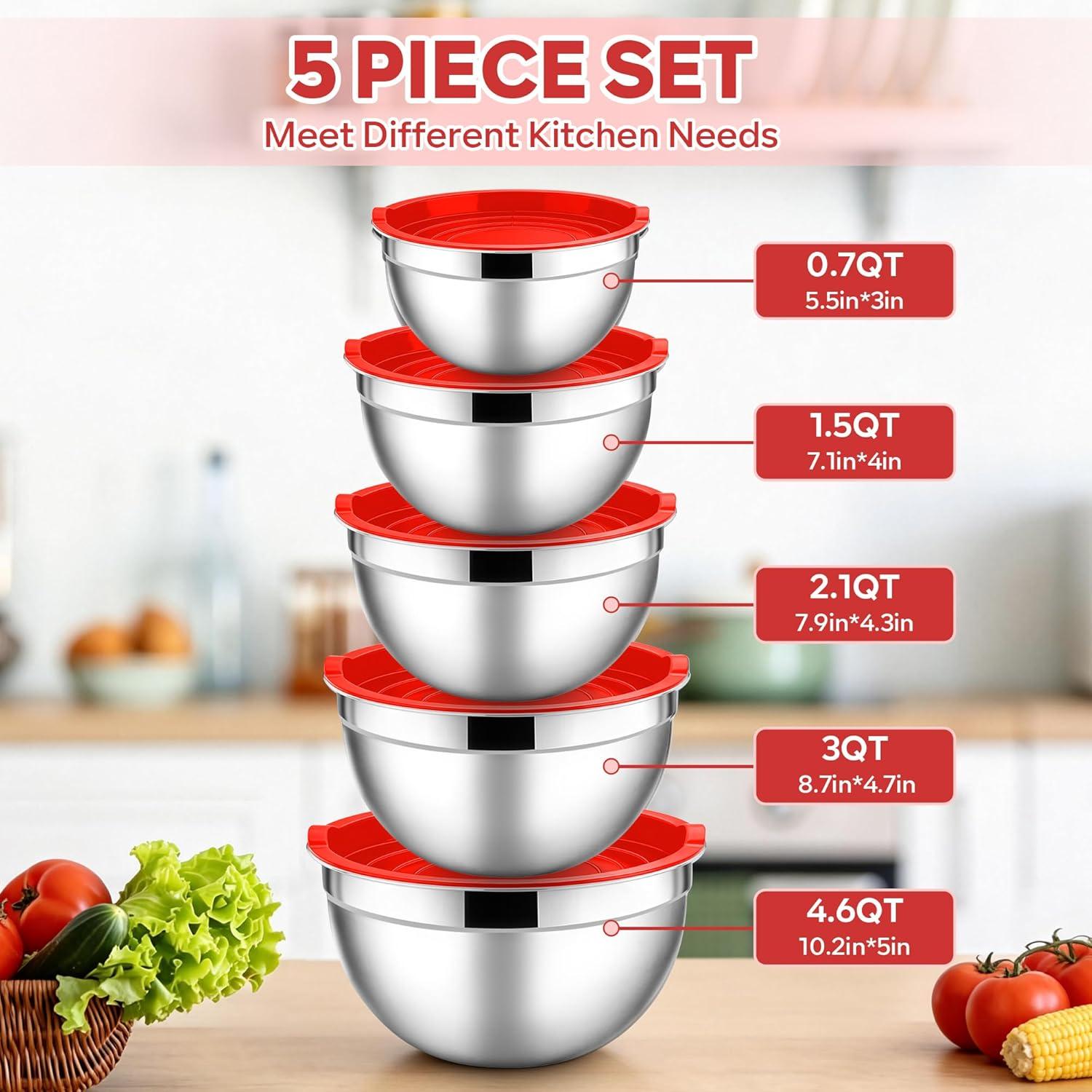 imageEfar Mixing Bowls With Lids Sets of 5 10Piece Stainless Steel Salad Metal Nesting Bowl for Baking Cooking and Prepping Airtight Lid amp Stackable Design Size 46 3 21 15 07 QT KhakiRed