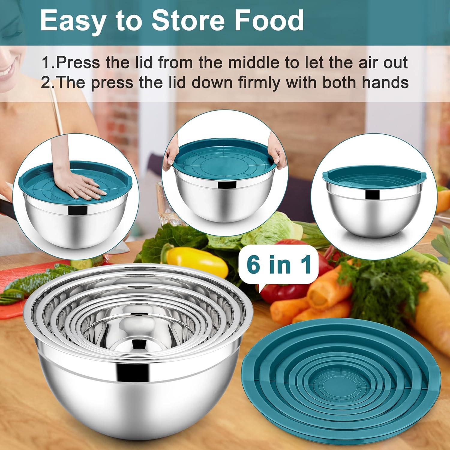 imageEfar Mixing Bowls With Lids Sets of 5 10Piece Stainless Steel Salad Metal Nesting Bowl for Baking Cooking and Prepping Airtight Lid amp Stackable Design Size 46 3 21 15 07 QT BlackDark Blue
