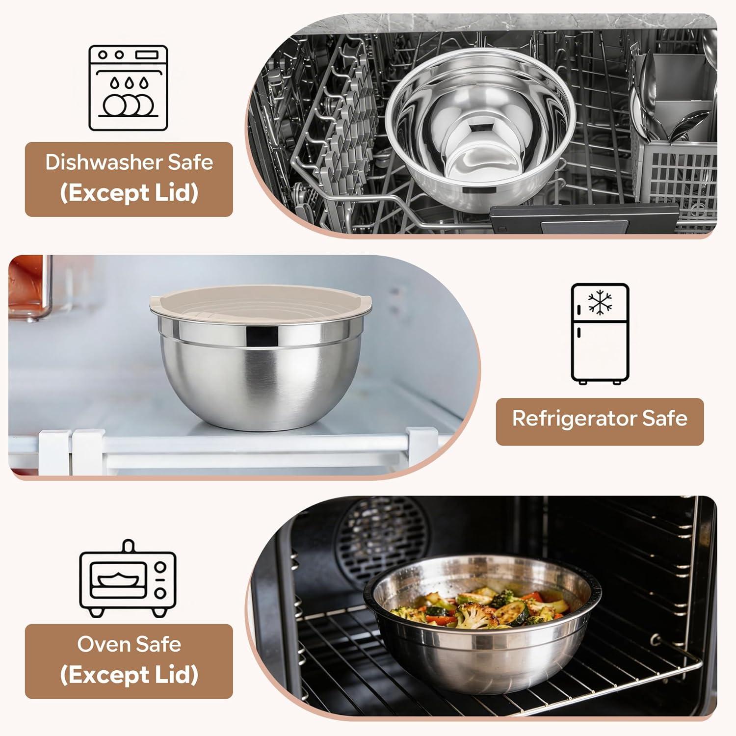imageEfar Mixing Bowls With Lids Sets of 5 10Piece Stainless Steel Salad Metal Nesting Bowl for Baking Cooking and Prepping Airtight Lid amp Stackable Design Size 46 3 21 15 07 QT BlackKhaki