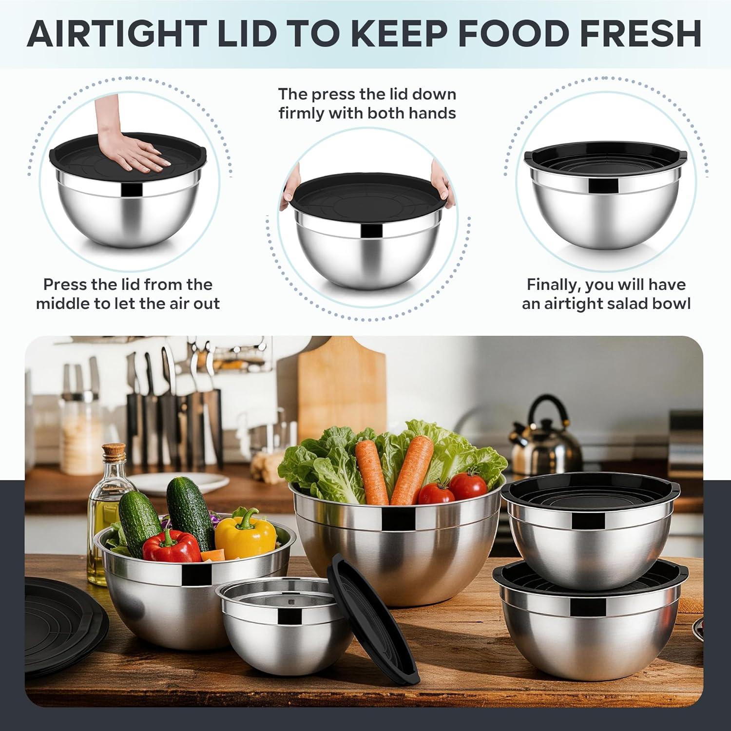 imageEfar Mixing Bowls With Lids Sets of 5 10Piece Stainless Steel Salad Metal Nesting Bowl for Baking Cooking and Prepping Airtight Lid amp Stackable Design Size 46 3 21 15 07 QT KhakiBlack