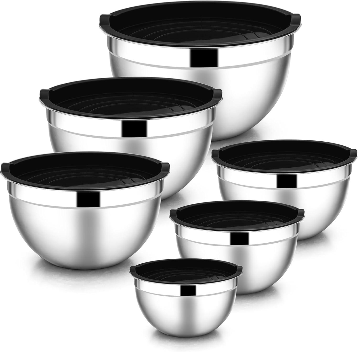 imageEfar Mixing Bowls With Lids Sets of 5 10Piece Stainless Steel Salad Metal Nesting Bowl for Baking Cooking and Prepping Airtight Lid amp Stackable Design Size 46 3 21 15 07 QT KhakiBlack