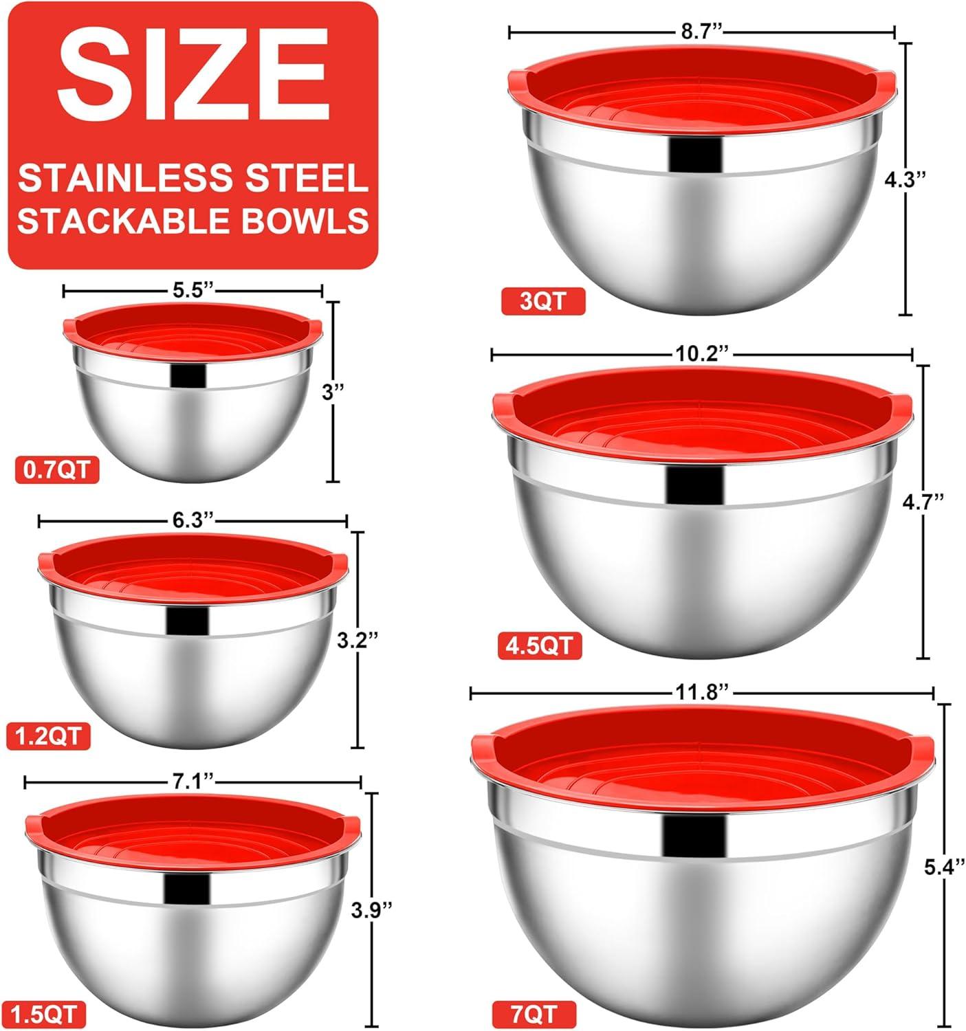 imageEfar Mixing Bowls With Lids Sets of 5 10Piece Stainless Steel Salad Metal Nesting Bowl for Baking Cooking and Prepping Airtight Lid amp Stackable Design Size 46 3 21 15 07 QT KhakiRed