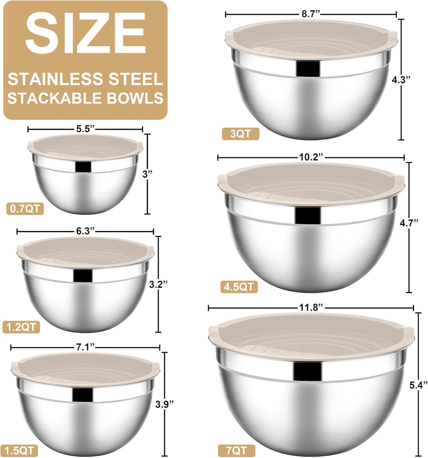 imageEfar Mixing Bowls With Lids Sets of 5 10Piece Stainless Steel Salad Metal Nesting Bowl for Baking Cooking and Prepping Airtight Lid amp Stackable Design Size 46 3 21 15 07 QT KhakiKhaki