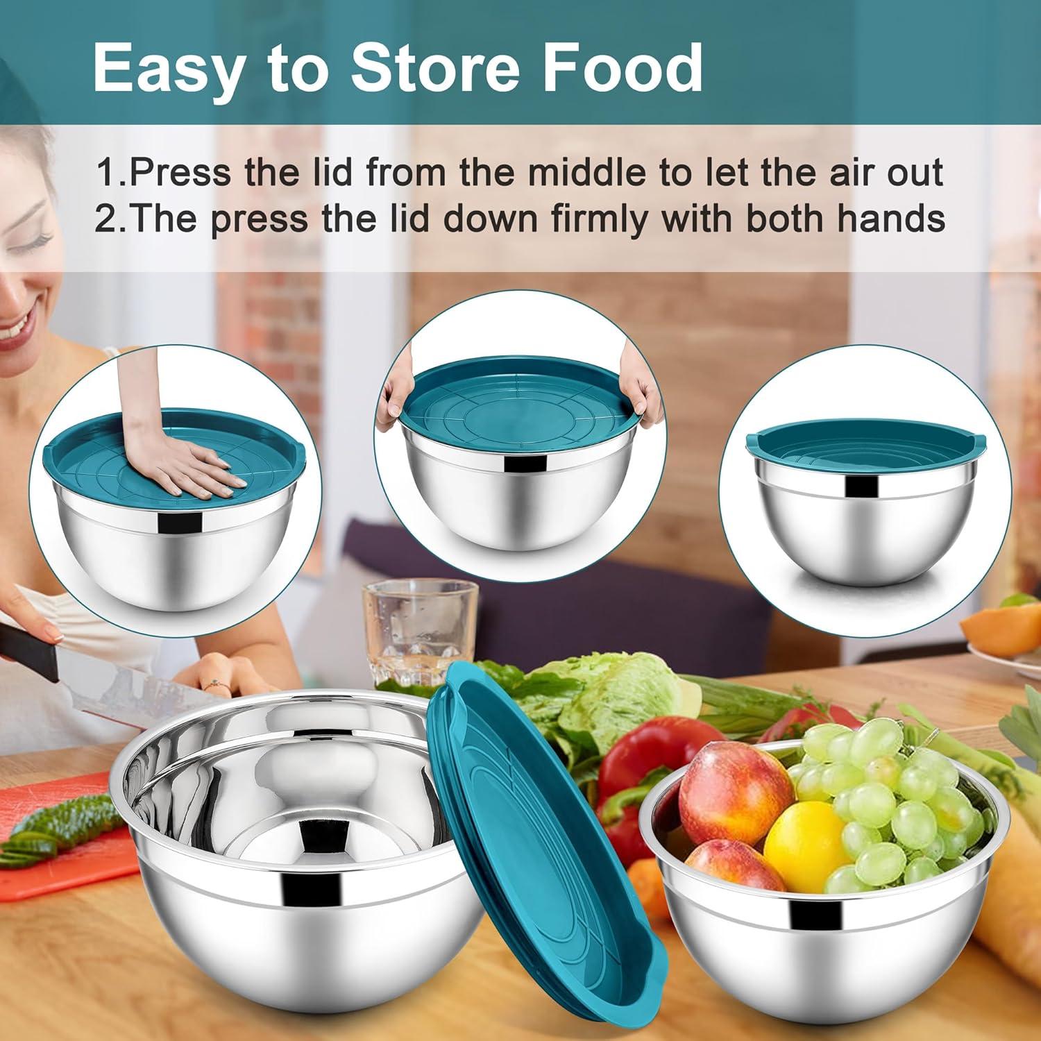 imageEfar Mixing Bowls With Lids Sets of 5 10Piece Stainless Steel Salad Metal Nesting Bowl for Baking Cooking and Prepping Airtight Lid amp Stackable Design Size 46 3 21 15 07 QT KhakiDark Blue