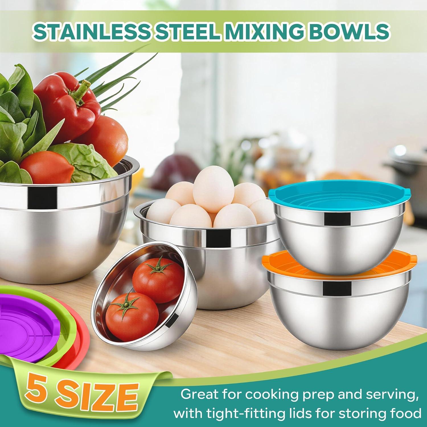 imageEfar Mixing Bowls With Lids Sets of 5 10Piece Stainless Steel Salad Metal Nesting Bowl for Baking Cooking and Prepping Airtight Lid amp Stackable Design Size 46 3 21 15 07 QT BlueMulticolor