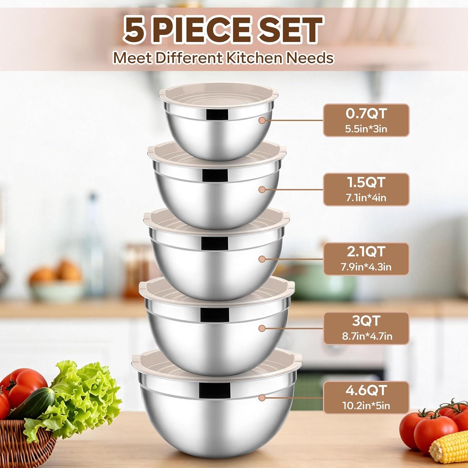 imageEfar Mixing Bowls With Lids Sets of 5 10Piece Stainless Steel Salad Metal Nesting Bowl for Baking Cooking and Prepping Airtight Lid amp Stackable Design Size 46 3 21 15 07 QT KhakiKhaki