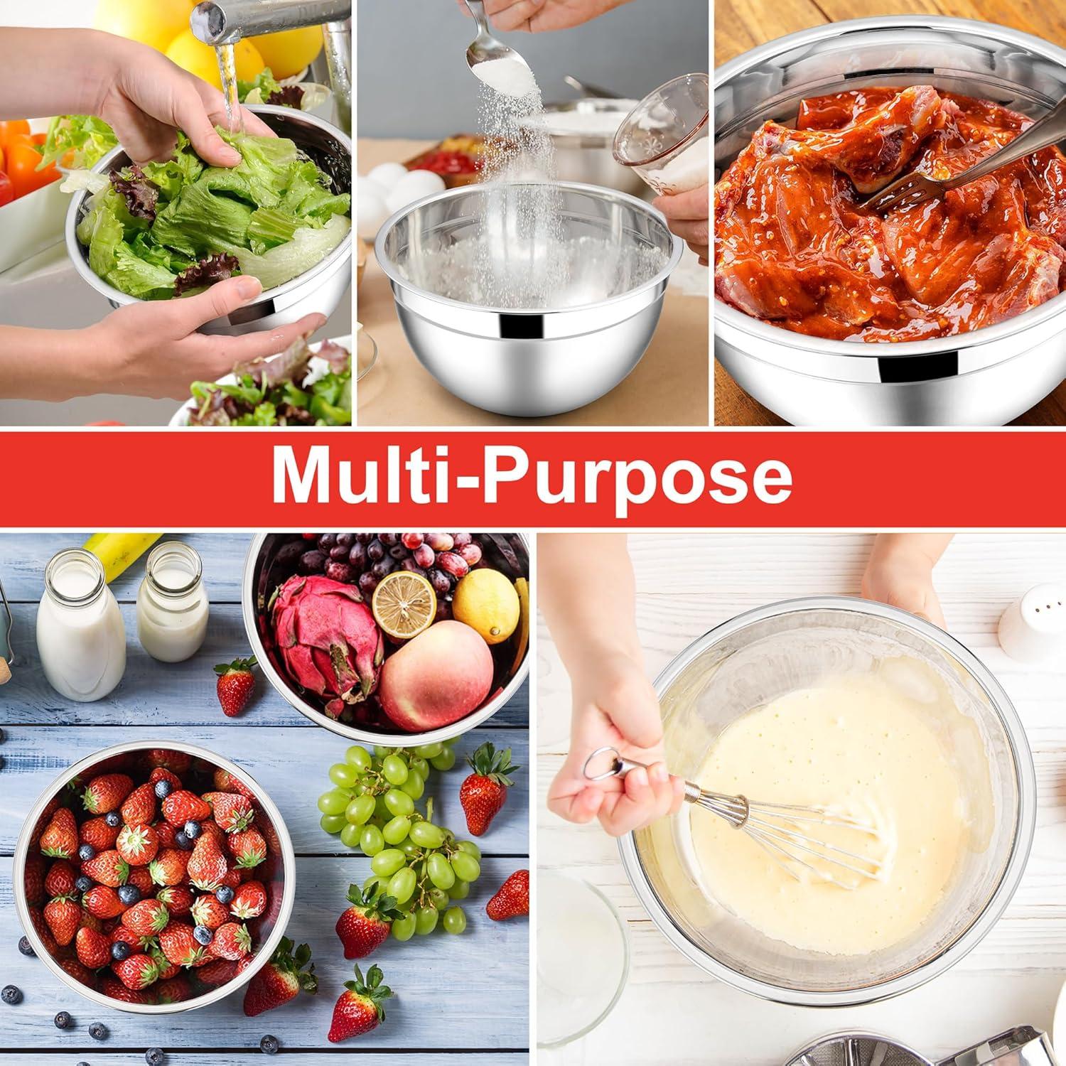 imageEfar Mixing Bowls With Lids Sets of 5 10Piece Stainless Steel Salad Metal Nesting Bowl for Baking Cooking and Prepping Airtight Lid amp Stackable Design Size 46 3 21 15 07 QT KhakiRed