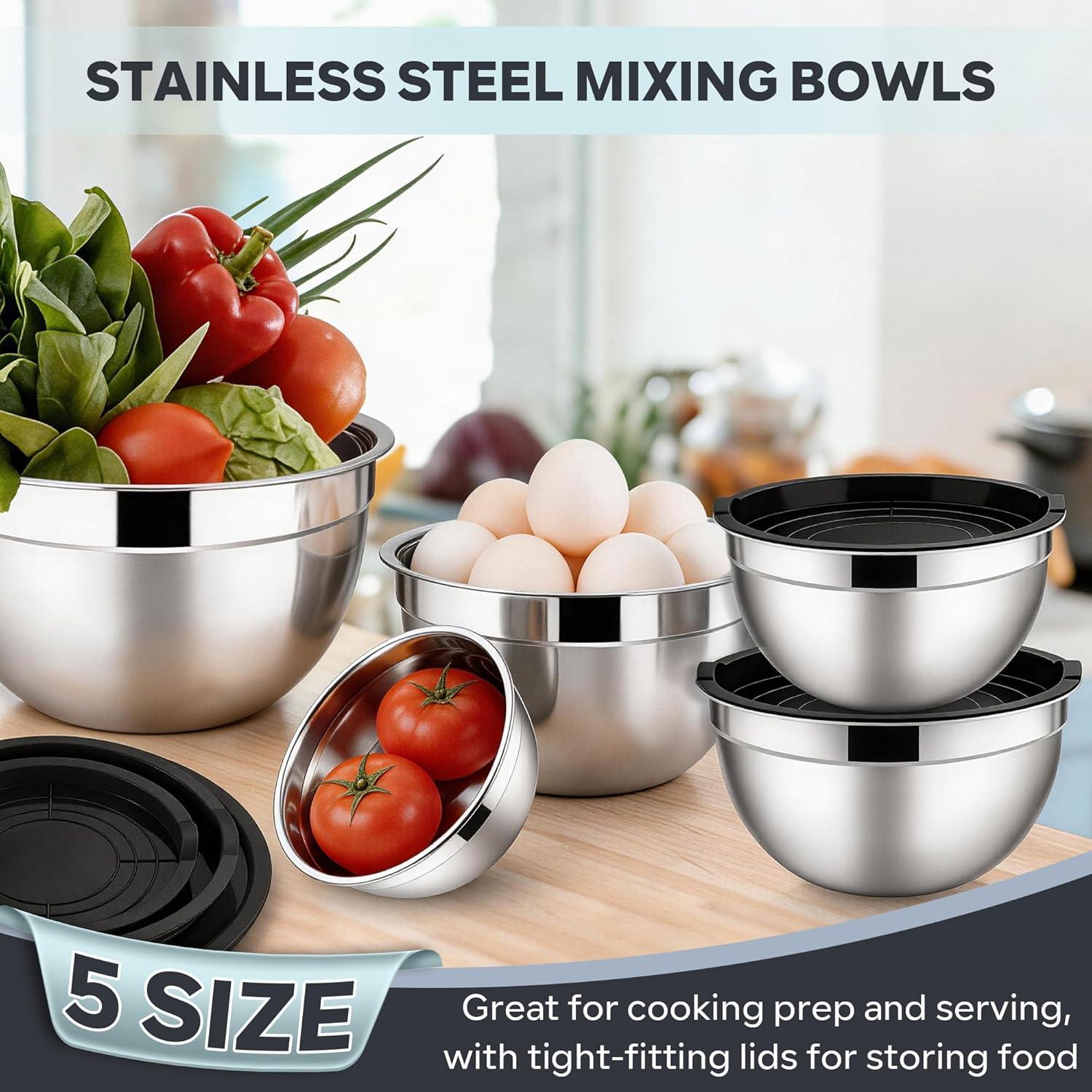 imageEfar Mixing Bowls With Lids Sets of 5 10Piece Stainless Steel Salad Metal Nesting Bowl for Baking Cooking and Prepping Airtight Lid amp Stackable Design Size 46 3 21 15 07 QT KhakiBlack