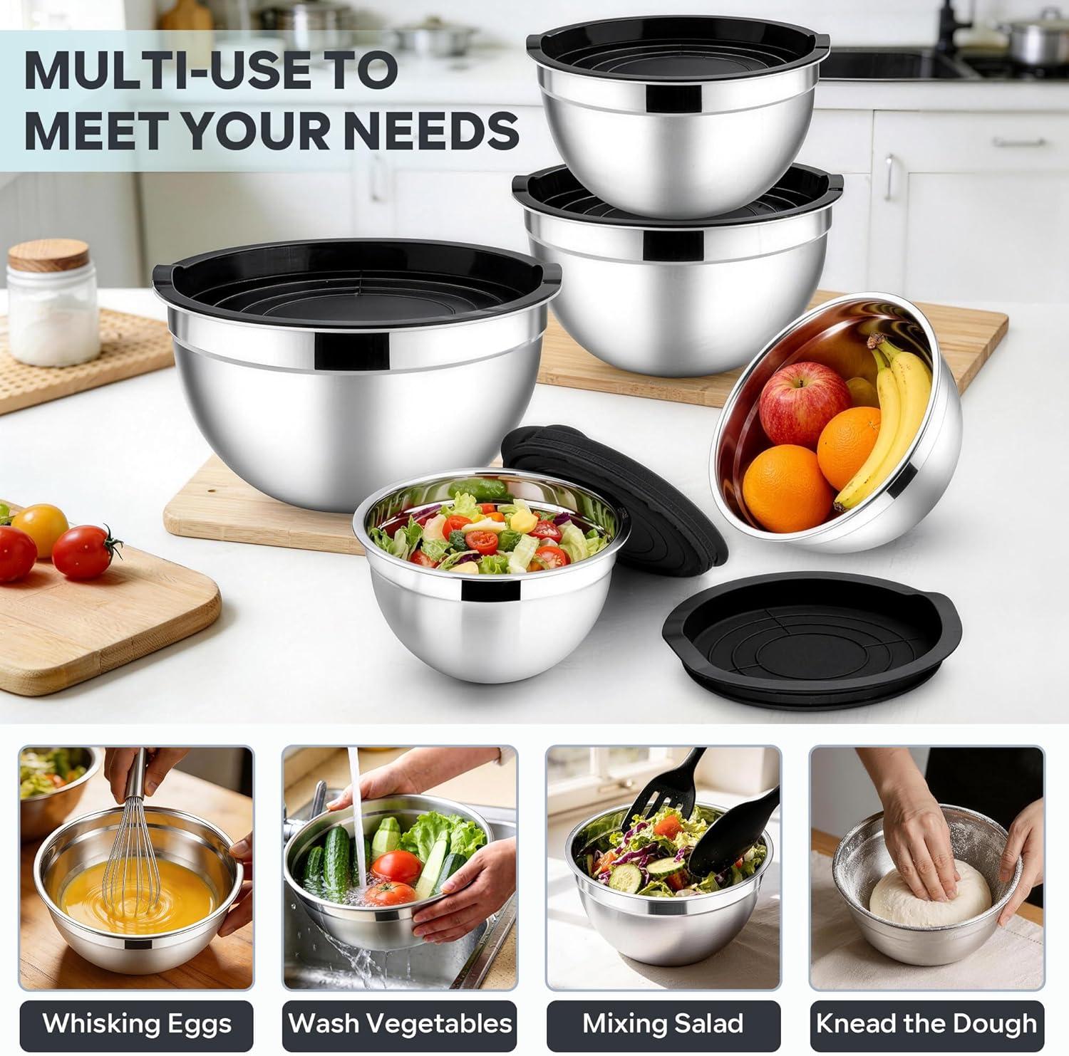 imageEfar Mixing Bowls With Lids Sets of 5 10Piece Stainless Steel Salad Metal Nesting Bowl for Baking Cooking and Prepping Airtight Lid amp Stackable Design Size 46 3 21 15 07 QT KhakiBlack