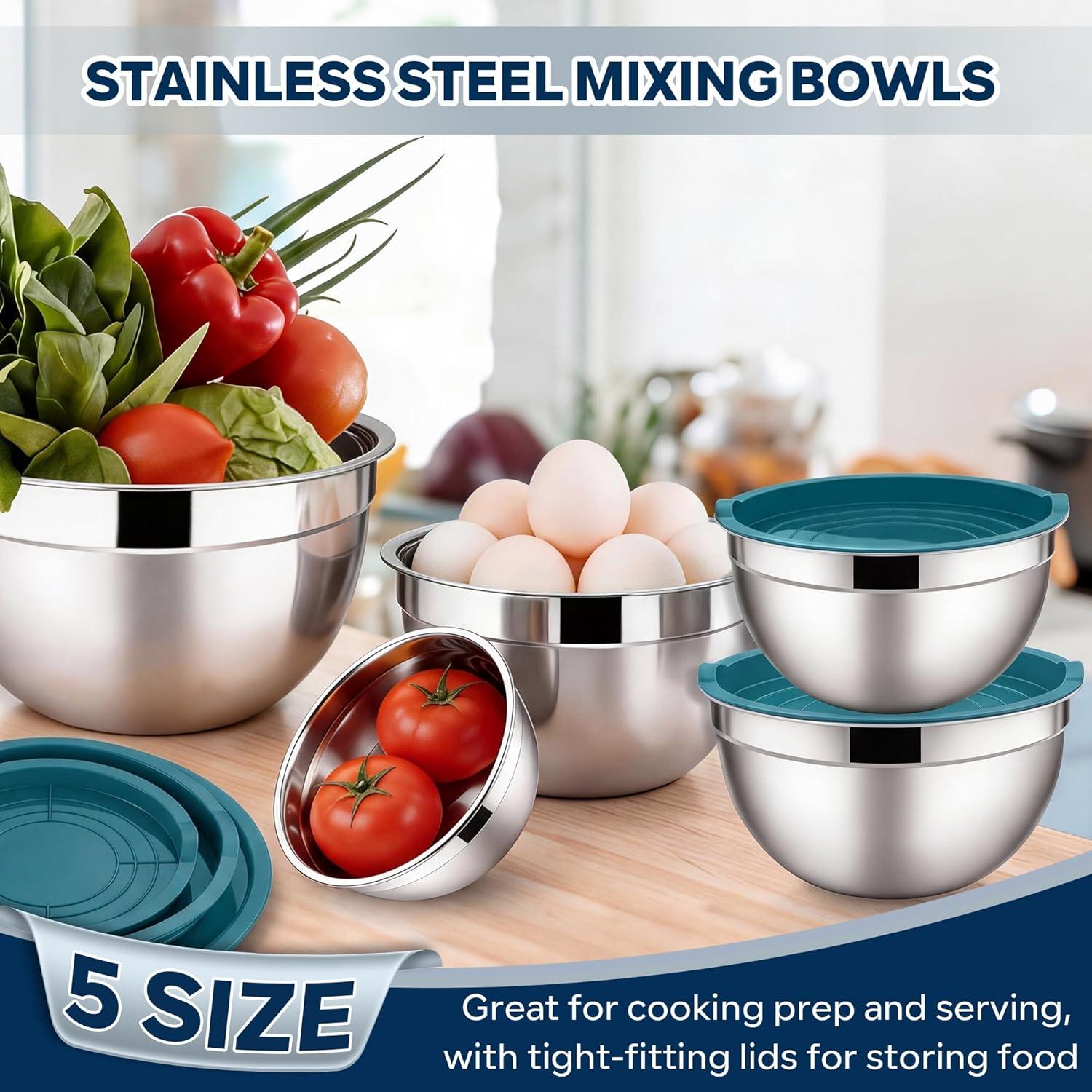 imageEfar Mixing Bowls With Lids Sets of 5 10Piece Stainless Steel Salad Metal Nesting Bowl for Baking Cooking and Prepping Airtight Lid amp Stackable Design Size 46 3 21 15 07 QT KhakiDark Blue