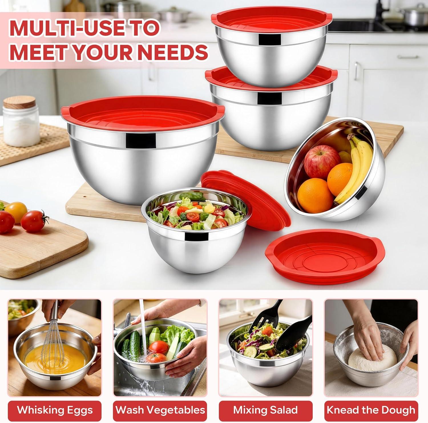 imageEfar Mixing Bowls With Lids Sets of 5 10Piece Stainless Steel Salad Metal Nesting Bowl for Baking Cooking and Prepping Airtight Lid amp Stackable Design Size 46 3 21 15 07 QT KhakiRed