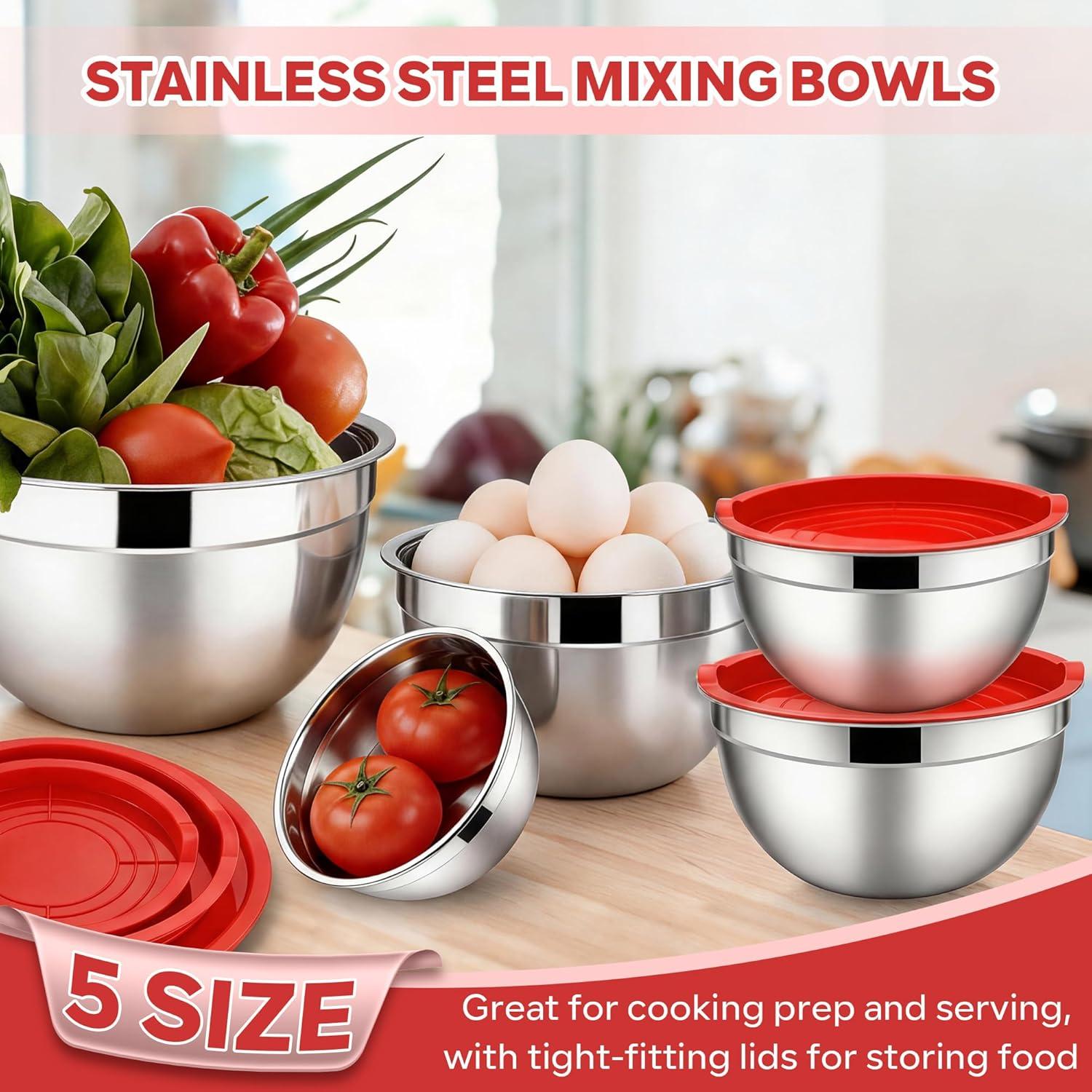 imageEfar Mixing Bowls With Lids Sets of 5 10Piece Stainless Steel Salad Metal Nesting Bowl for Baking Cooking and Prepping Airtight Lid amp Stackable Design Size 46 3 21 15 07 QT KhakiRed