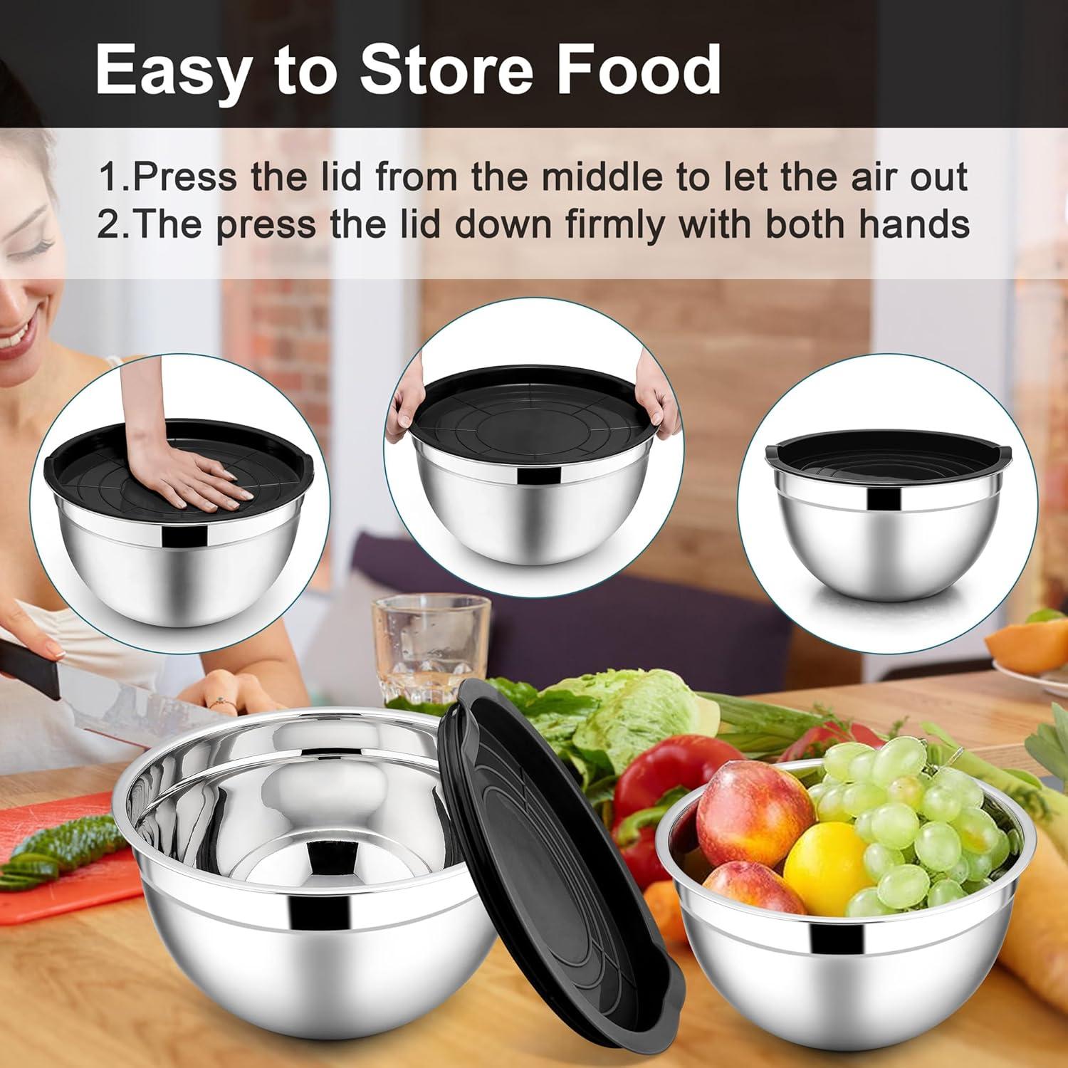 imageEfar Mixing Bowls With Lids Sets of 5 10Piece Stainless Steel Salad Metal Nesting Bowl for Baking Cooking and Prepping Airtight Lid amp Stackable Design Size 46 3 21 15 07 QT BlueBlack