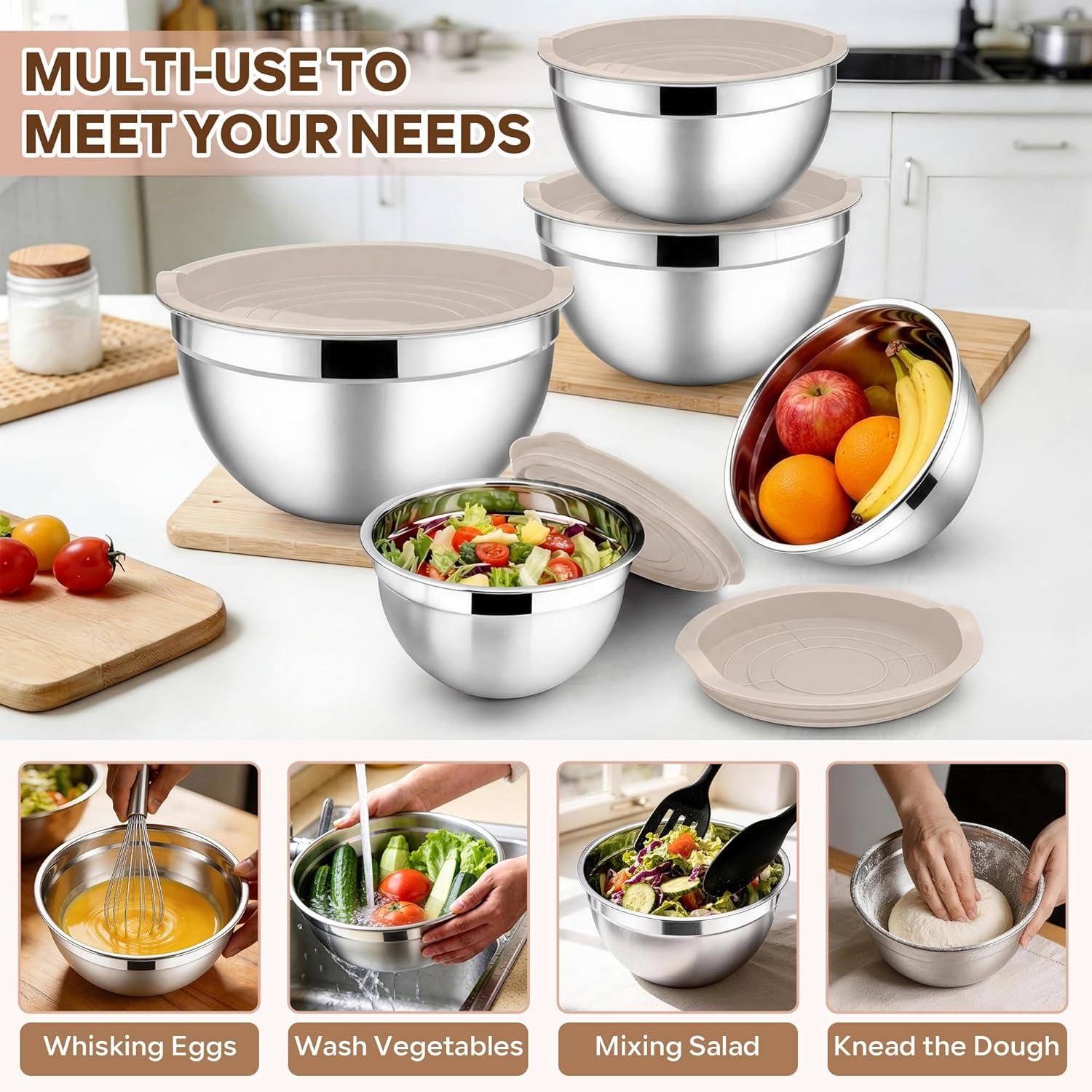 imageEfar Mixing Bowls With Lids Sets of 5 10Piece Stainless Steel Salad Metal Nesting Bowl for Baking Cooking and Prepping Airtight Lid amp Stackable Design Size 46 3 21 15 07 QT BlackKhaki