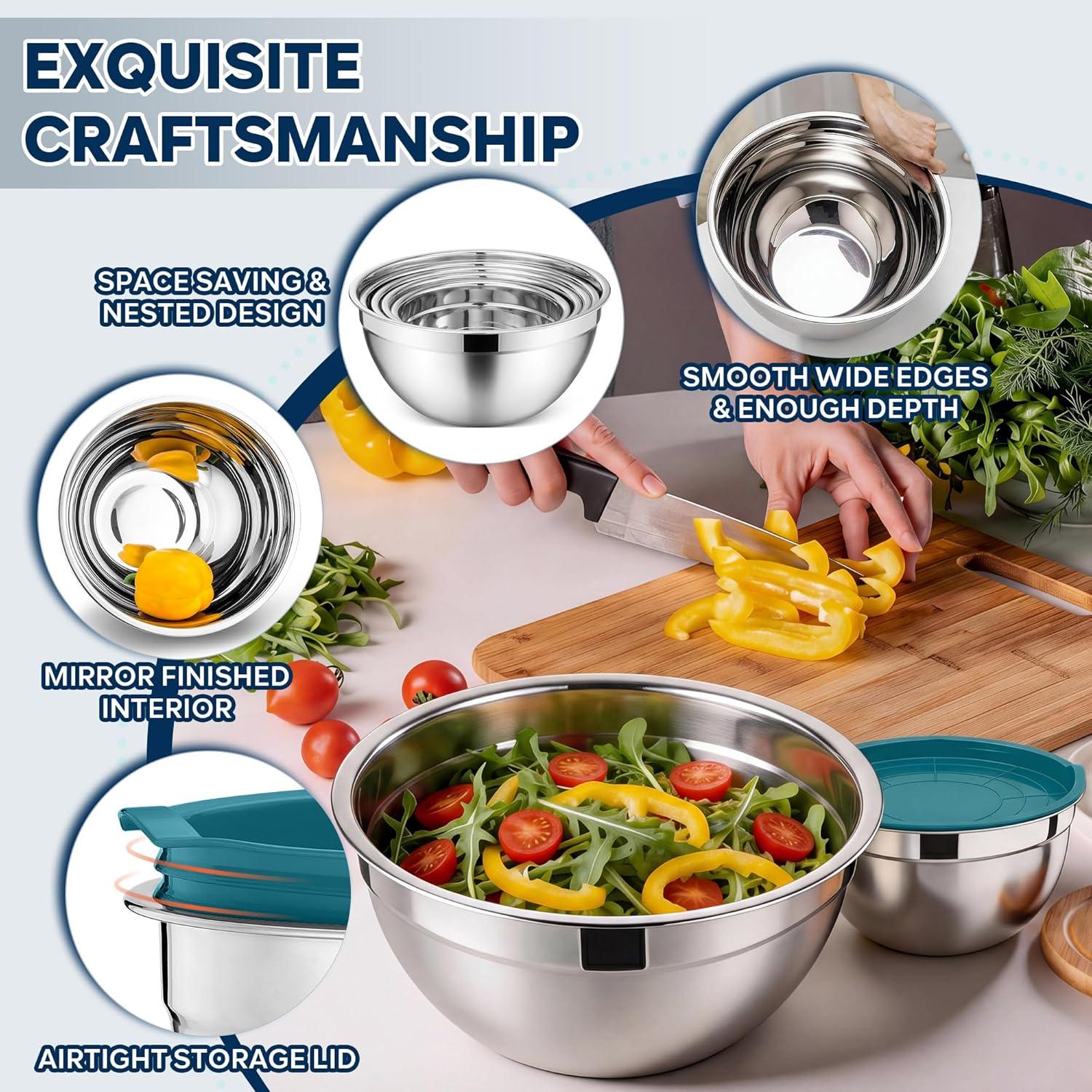 imageEfar Mixing Bowls With Lids Sets of 5 10Piece Stainless Steel Salad Metal Nesting Bowl for Baking Cooking and Prepping Airtight Lid amp Stackable Design Size 46 3 21 15 07 QT KhakiDark Blue