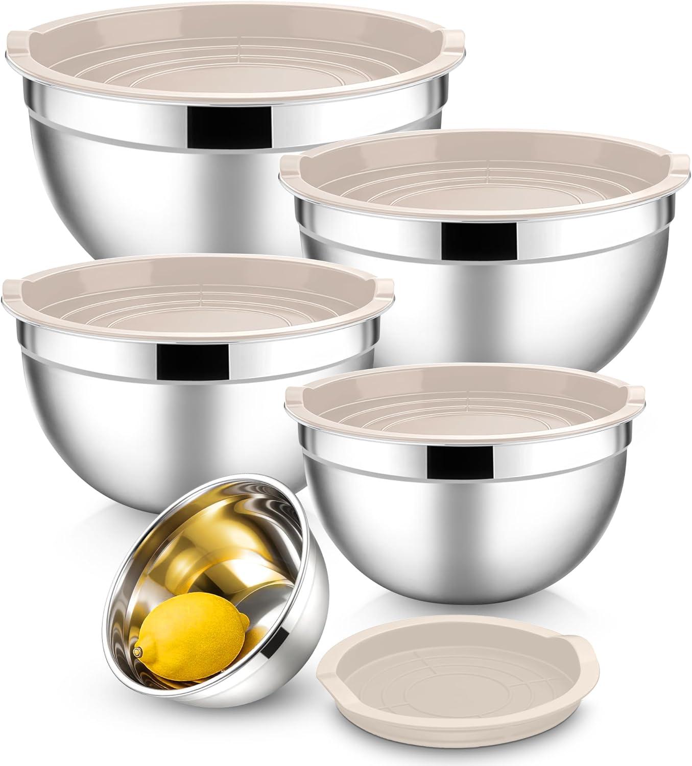 imageEfar Mixing Bowls With Lids Sets of 5 10Piece Stainless Steel Salad Metal Nesting Bowl for Baking Cooking and Prepping Airtight Lid amp Stackable Design Size 46 3 21 15 07 QT BlackKhaki