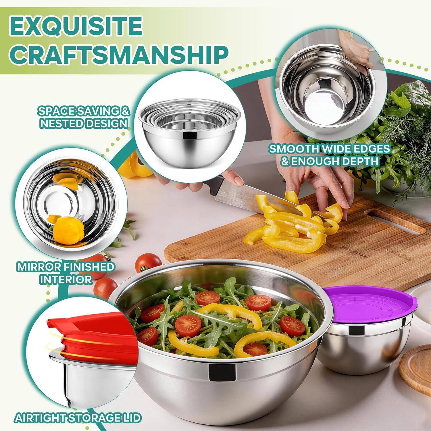 imageEfar Mixing Bowls With Lids Sets of 5 10Piece Stainless Steel Salad Metal Nesting Bowl for Baking Cooking and Prepping Airtight Lid amp Stackable Design Size 46 3 21 15 07 QT BlueMulticolor