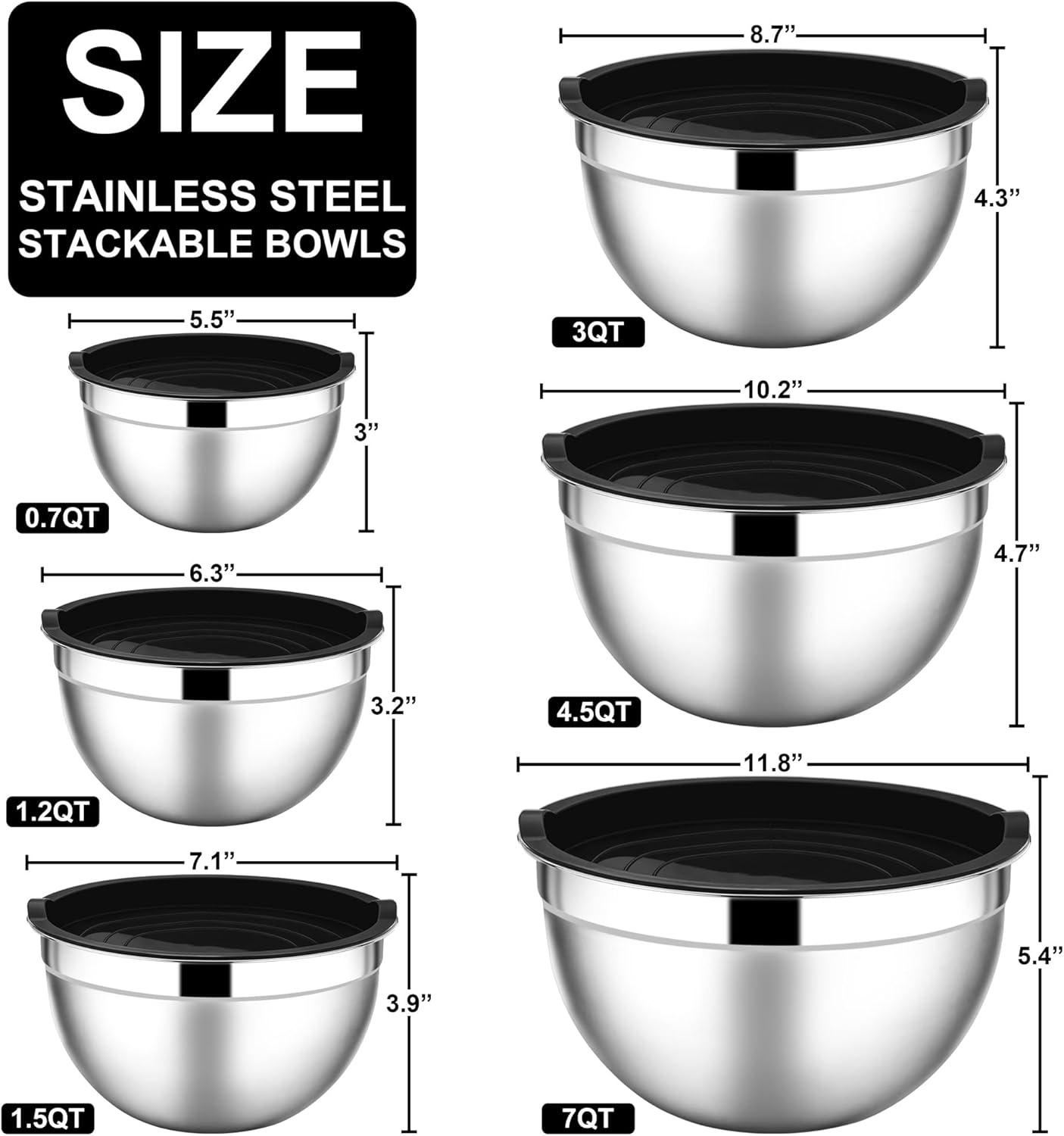 imageEfar Mixing Bowls With Lids Sets of 5 10Piece Stainless Steel Salad Metal Nesting Bowl for Baking Cooking and Prepping Airtight Lid amp Stackable Design Size 46 3 21 15 07 QT KhakiBlack