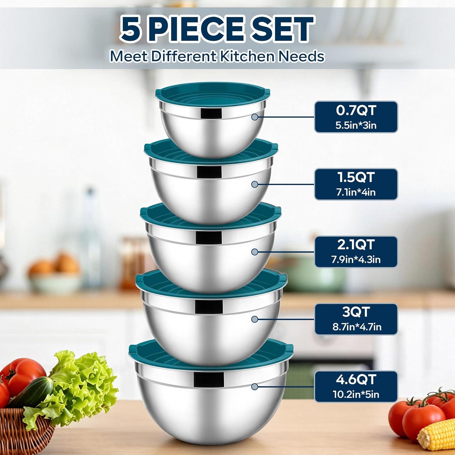 imageEfar Mixing Bowls With Lids Sets of 5 10Piece Stainless Steel Salad Metal Nesting Bowl for Baking Cooking and Prepping Airtight Lid amp Stackable Design Size 46 3 21 15 07 QT KhakiDark Blue