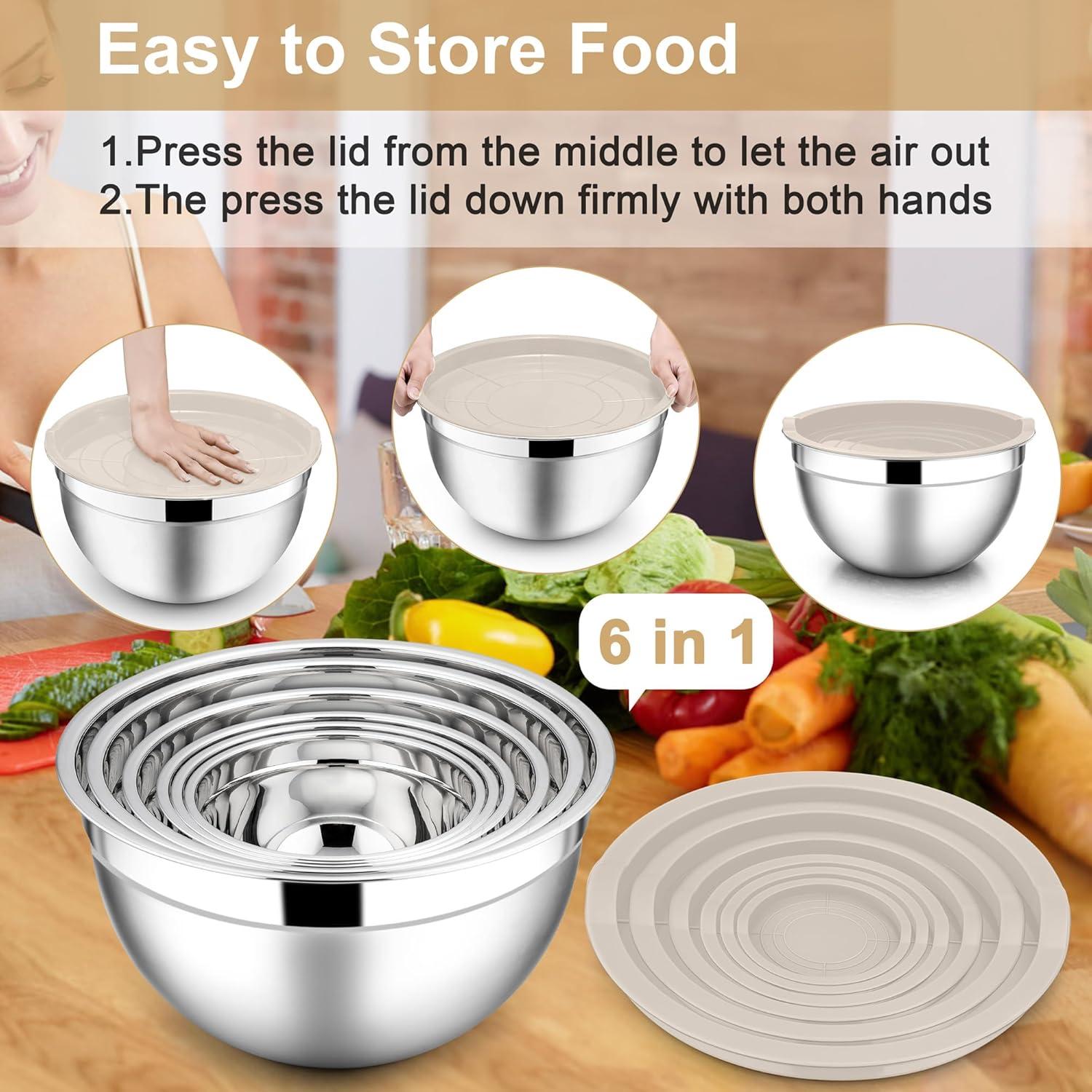 imageEfar Mixing Bowls With Lids Sets of 5 10Piece Stainless Steel Salad Metal Nesting Bowl for Baking Cooking and Prepping Airtight Lid amp Stackable Design Size 46 3 21 15 07 QT BlackKhaki